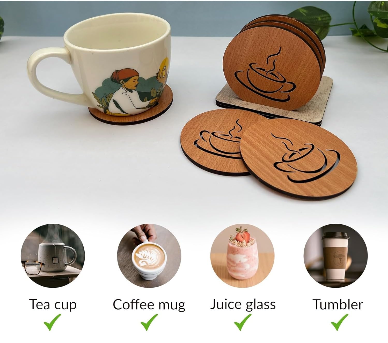 6-Pack Round Wooden Coasters Set for Tea, Coffee, Mugs & Beer - Plain Tabletop Drink Holders | Perfect for Home, Office, Bar & Indian Handicraft Decor