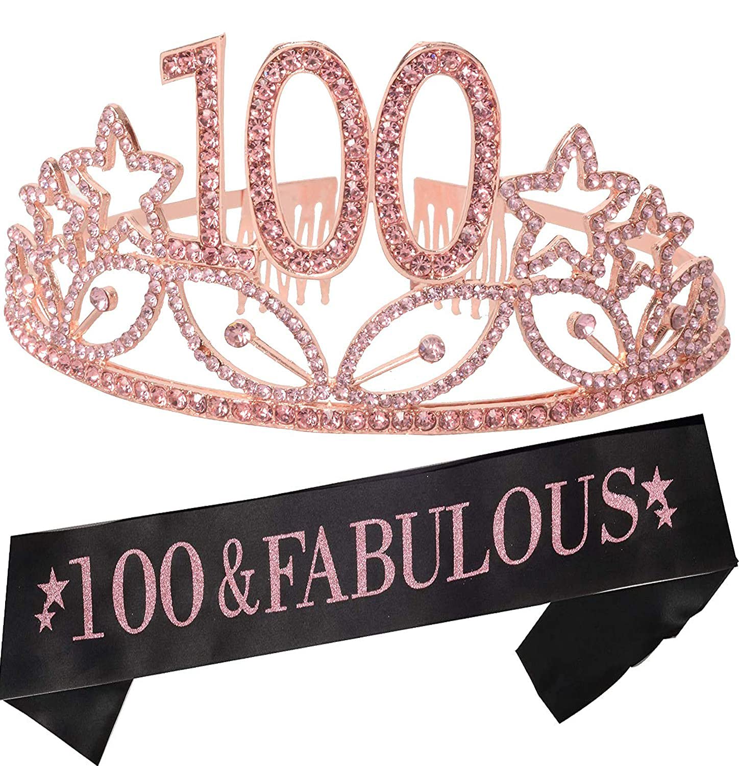 100th Birthday Gifts for Women - Elegant Crystal Tiara Crown & Black Glitter Satin Sash Set - Happy 100th Birthday Party Decorations & Supplies - Perfect for Centenarian Celebrations, Milestone Parties & Photo Props