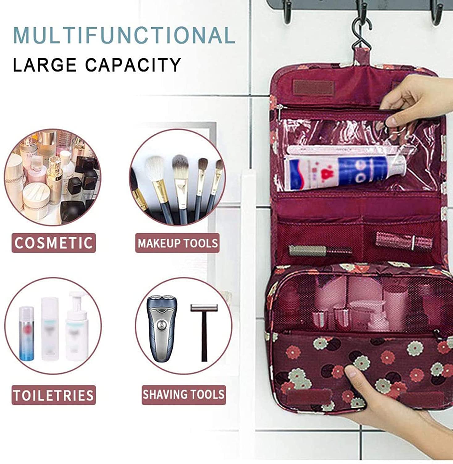 BESTOTTAM Hanging Travel Toiletry Bag - Waterproof Multi-Function Cosmetic Organizer for Women, Makeup Bag with Hook (Red Flower Pattern) - Perfect for Vacation, Business Trips & Gym Essentials