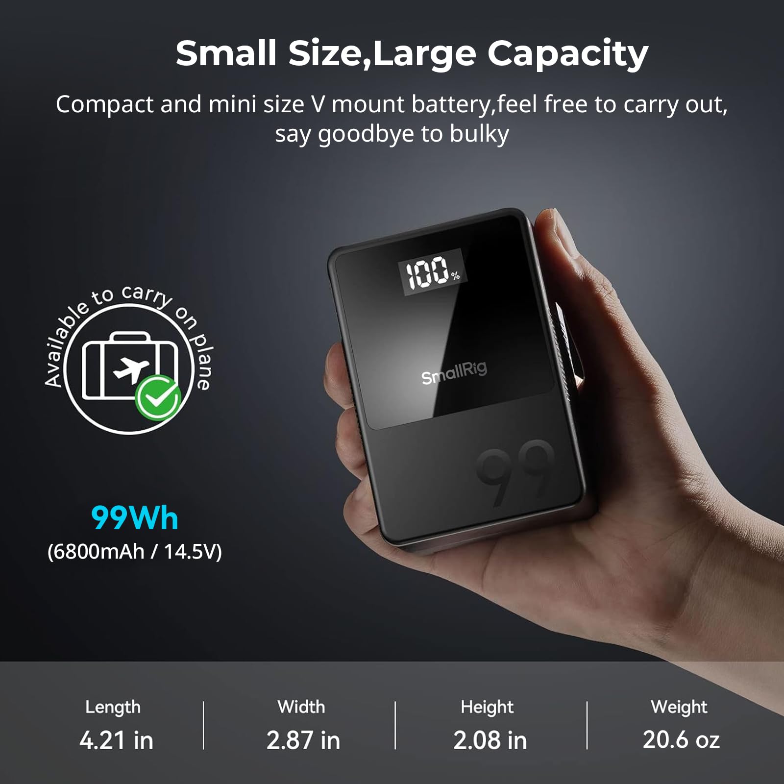 SmallRig VB99 99Wh Mini V-Mount Battery - 6800mAh with 100W USB-C Fast Charging, D-TAP, USB-A & Dual DC Ports | OLED Display | Power Solution for DSLR Cameras, Camcorders, Monitors & LED Lights | Perfect for Film Production, Live Streaming & Outdoor Shooting