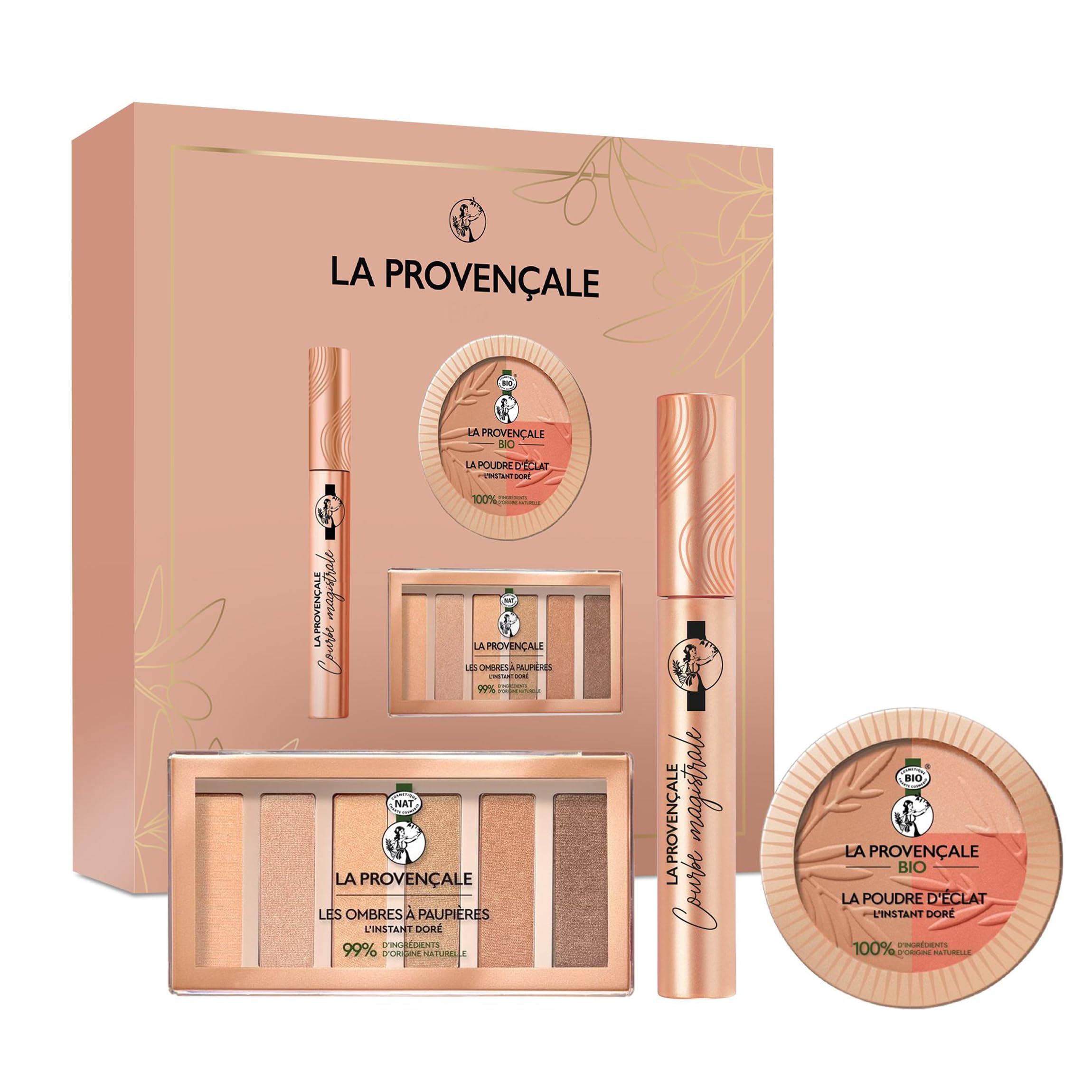 La Provencale - Golden Instant Makeup Gift Set - 3 Products: Luminous Powder, Golden Palette & Volumizing Mascara - Enriched with Organic Olive Oil & Mineral Pigments | Perfect for Gifting, Special Occasions & Everyday Glam Makeup Looks