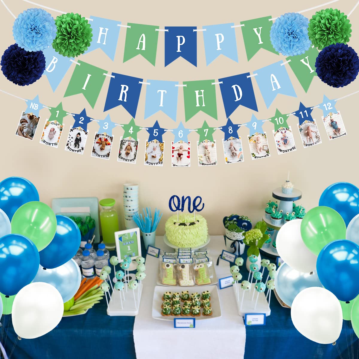 Tenshun 1st Birthday Decorations for Boys - Happy Birthday Banner, High Chair Banner & 12 Monthly Photo Banner Set | Baby Boy's First Birthday Party Supplies | Perfect for Birthday Photos, Cake Smash, and Nursery Decor