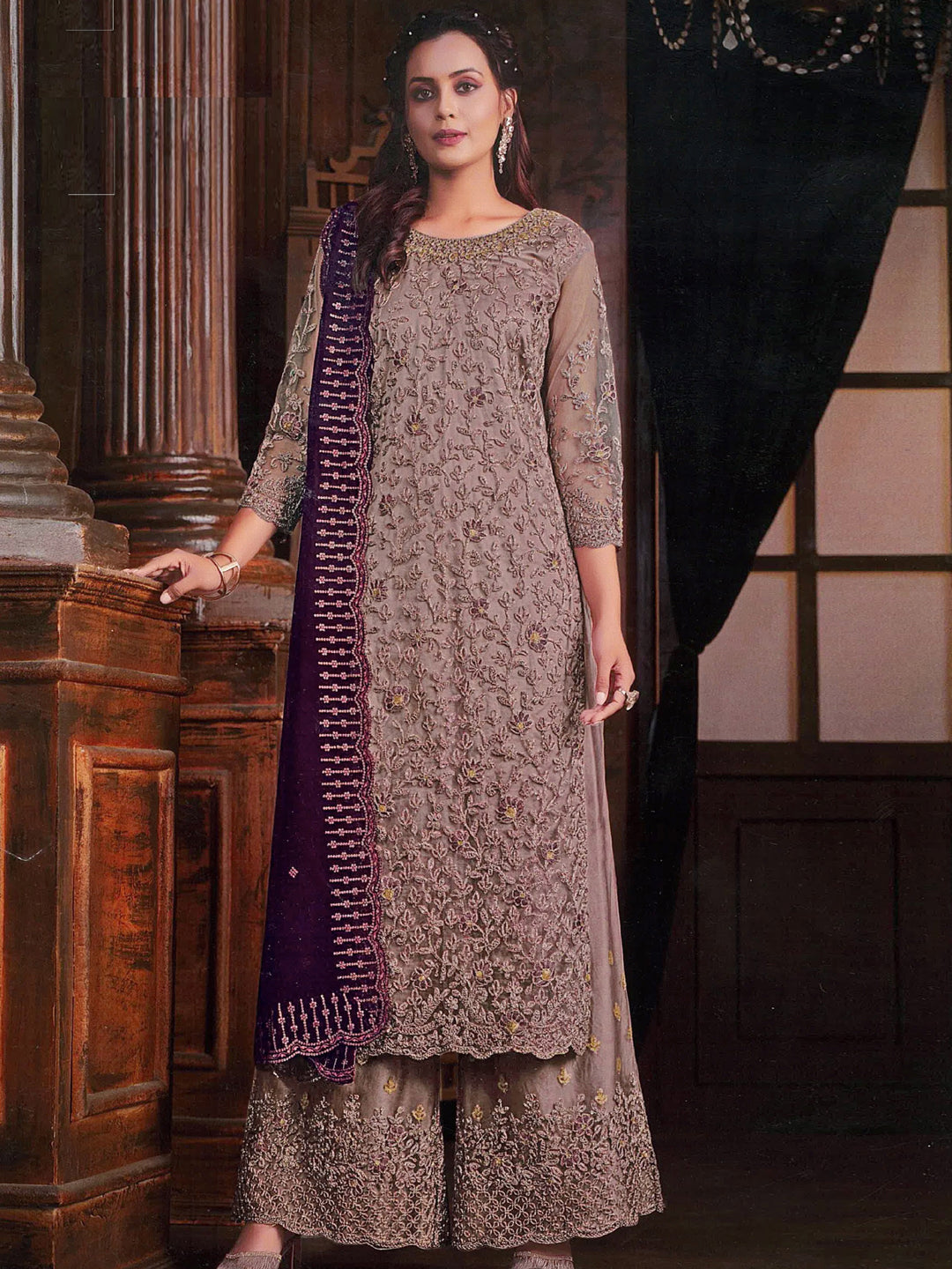 Elegant Beige Embroidered Palazzo Suit with Heavy Butterfly Net Design - Perfect for Weddings, Parties & Special Occasions