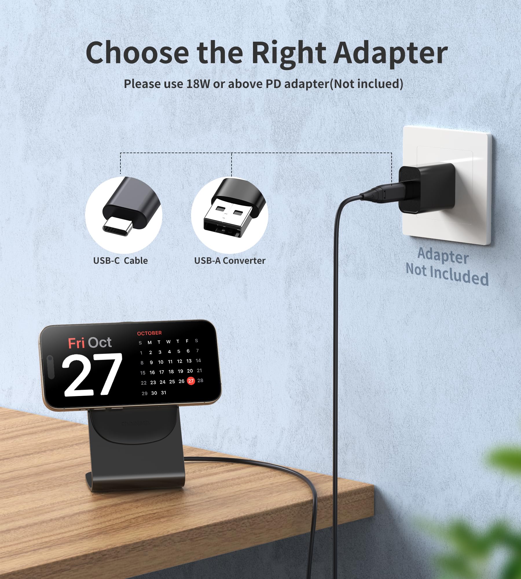 Magnetic Wireless Charging Stand for iPhone 16/15/14/13/12 Pro Max/Mini - 15W Fast Magsafe Charger with USB-C Cable & USB-A Adapter - Compatible with AirPods (No Power Adapter) | Perfect for Home, Office & Travel Charging