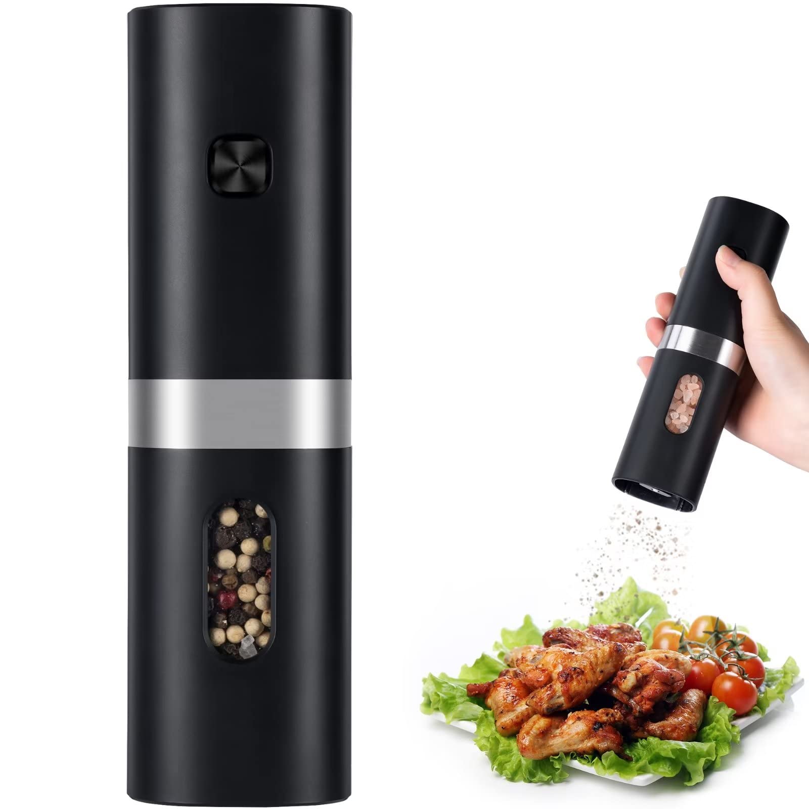 Premium Electric Pepper Grinder & Salt Mill - Battery Operated, Adjustable Coarseness, One-Hand Button Control with LED Light - Refillable Black Peppercorn Grinder (Batteries Not Included) - Perfect for Kitchen, Dining Table & Gourmet Cooking
