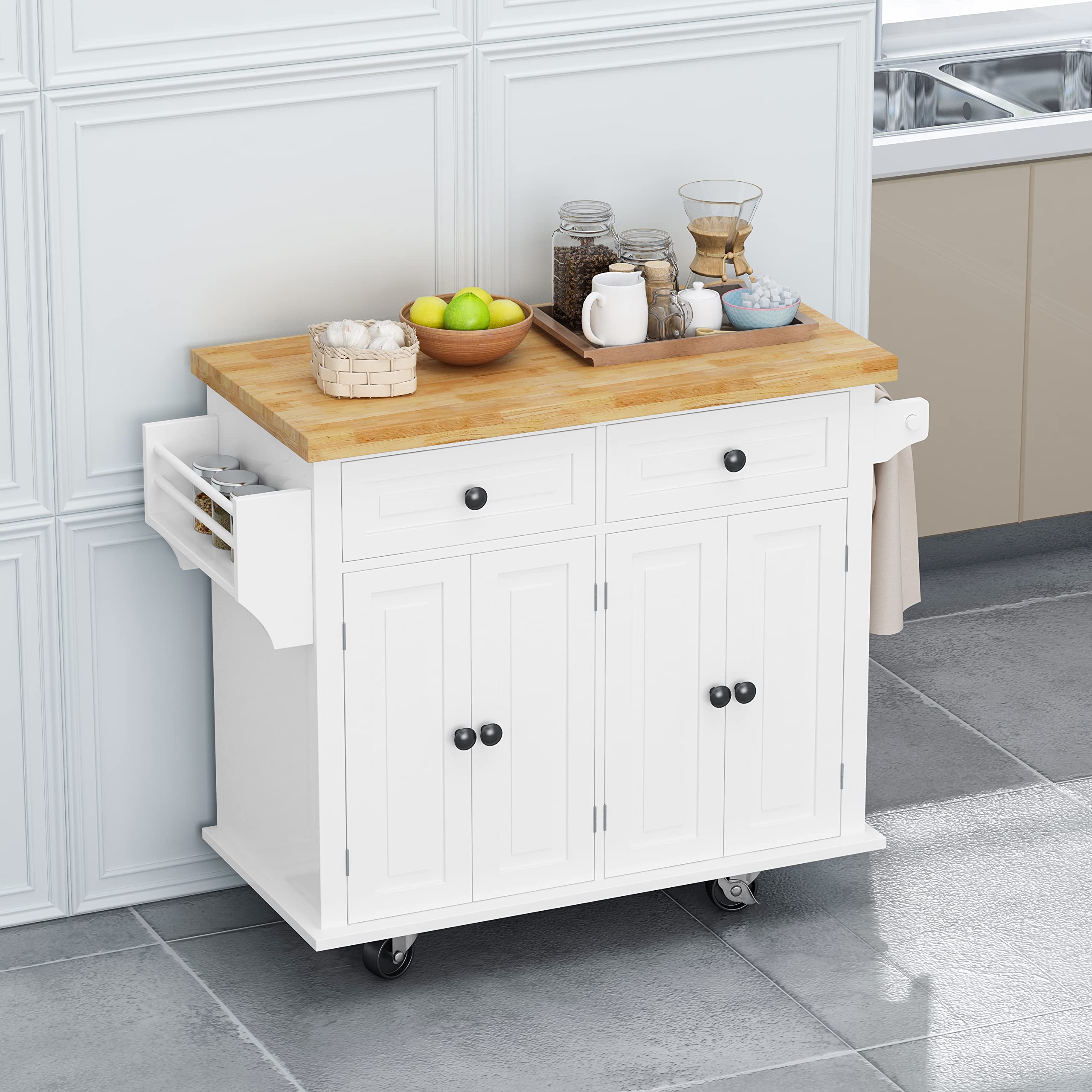 Versatile Kitchen Island Cart with 4 Door Cabinet & 2 Drawers - 43.31