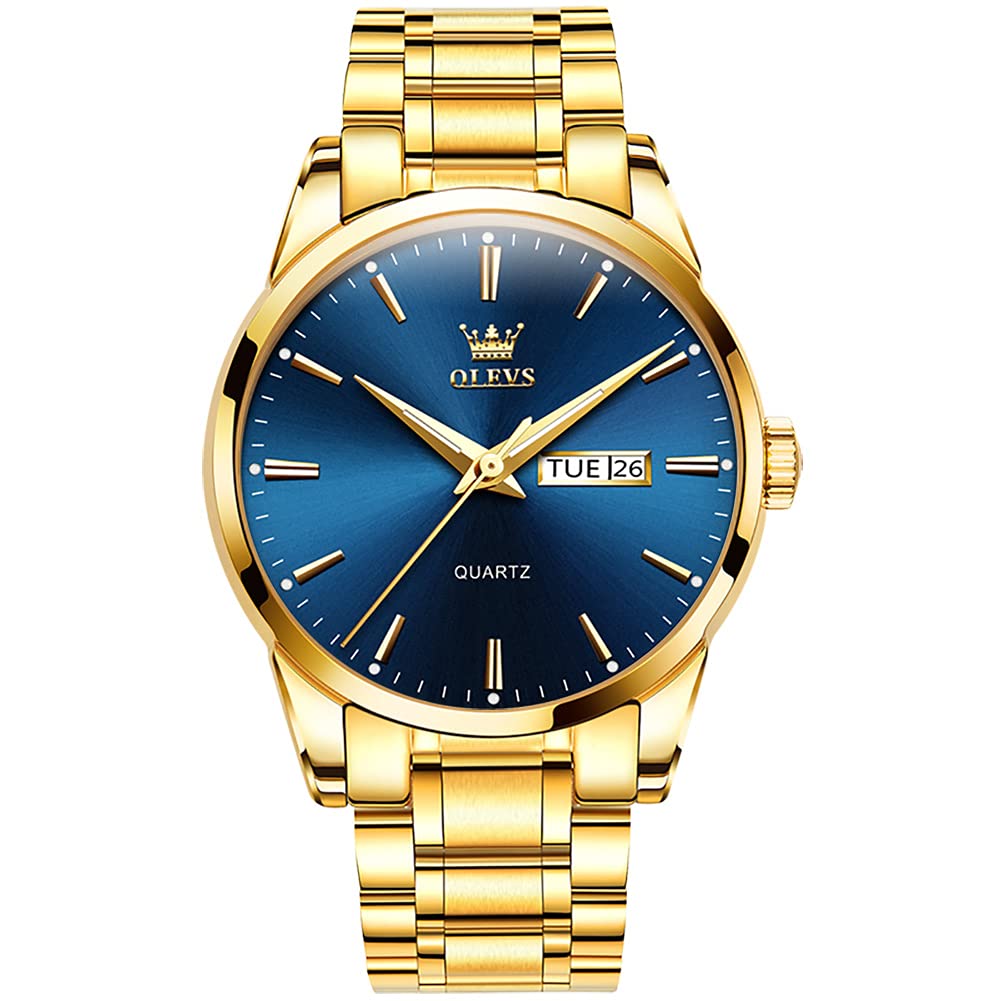 OLEVS Men's Waterproof Analog Quartz Watch - Stainless Steel Roman Numerals Day Date Wristwatch for Business, Casual & Formal Occasions