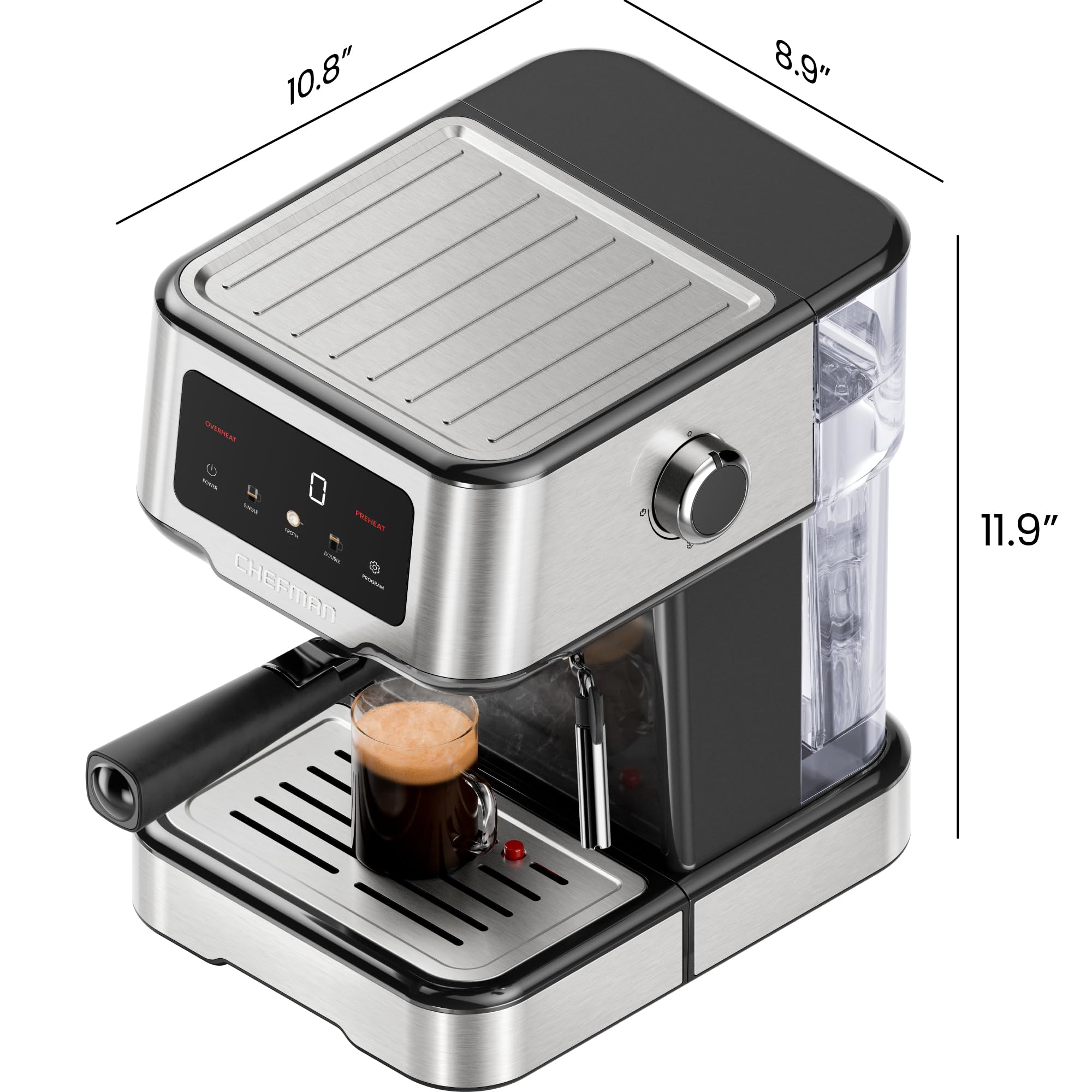 Chefman CraftBrew 15-Bar Espresso Machine with Steam Wand - Compact Stainless Steel Coffee Maker for Latte & Cappuccino, 1.8L Removable Water Tank | Perfect for Home Baristas & Small Kitchens