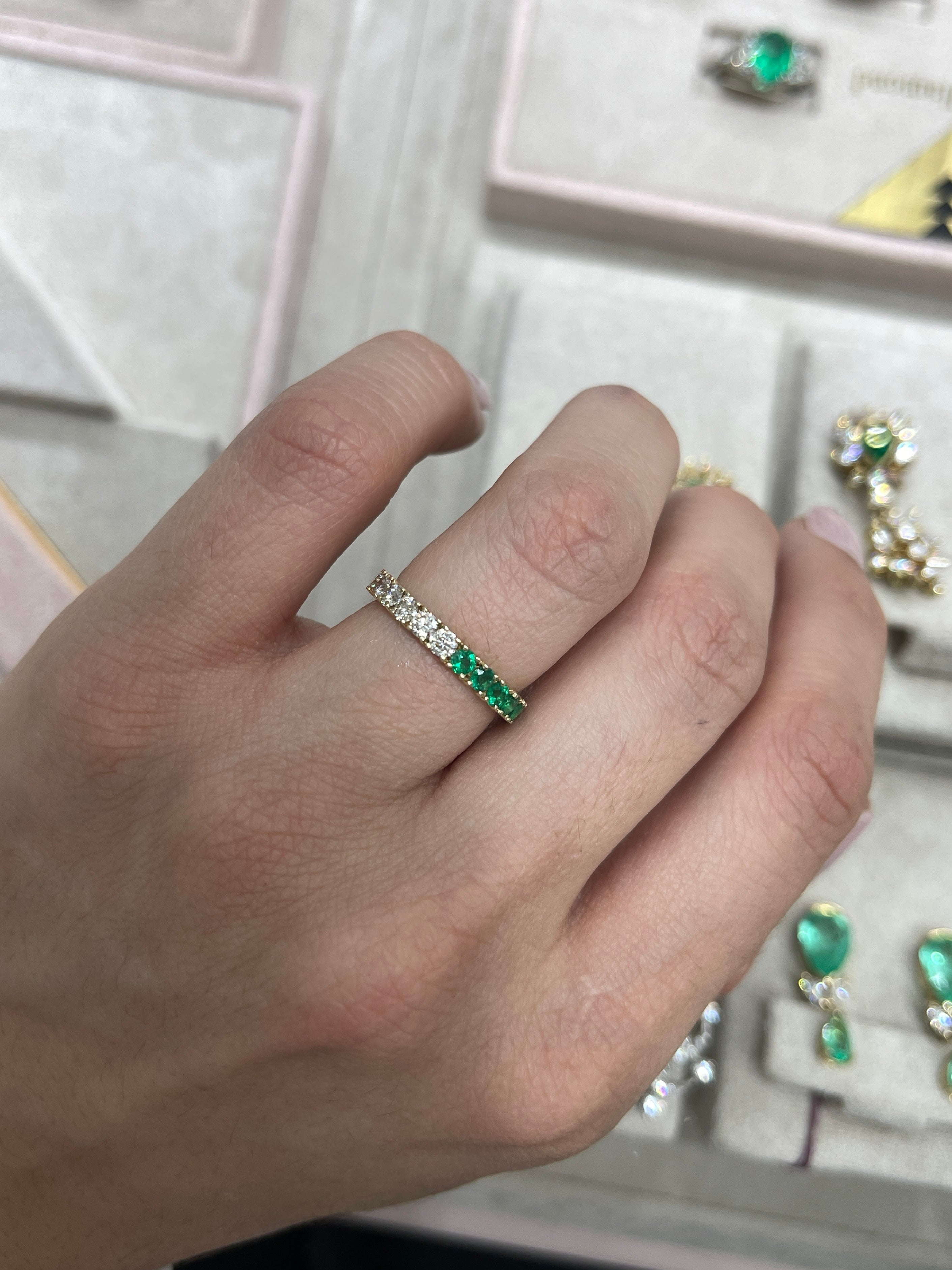 14K Gold Half Round Emerald & Diamond Eternity Band Ring - Size 7 | Wedding, Anniversary, Engagement Jewelry Gift for Women