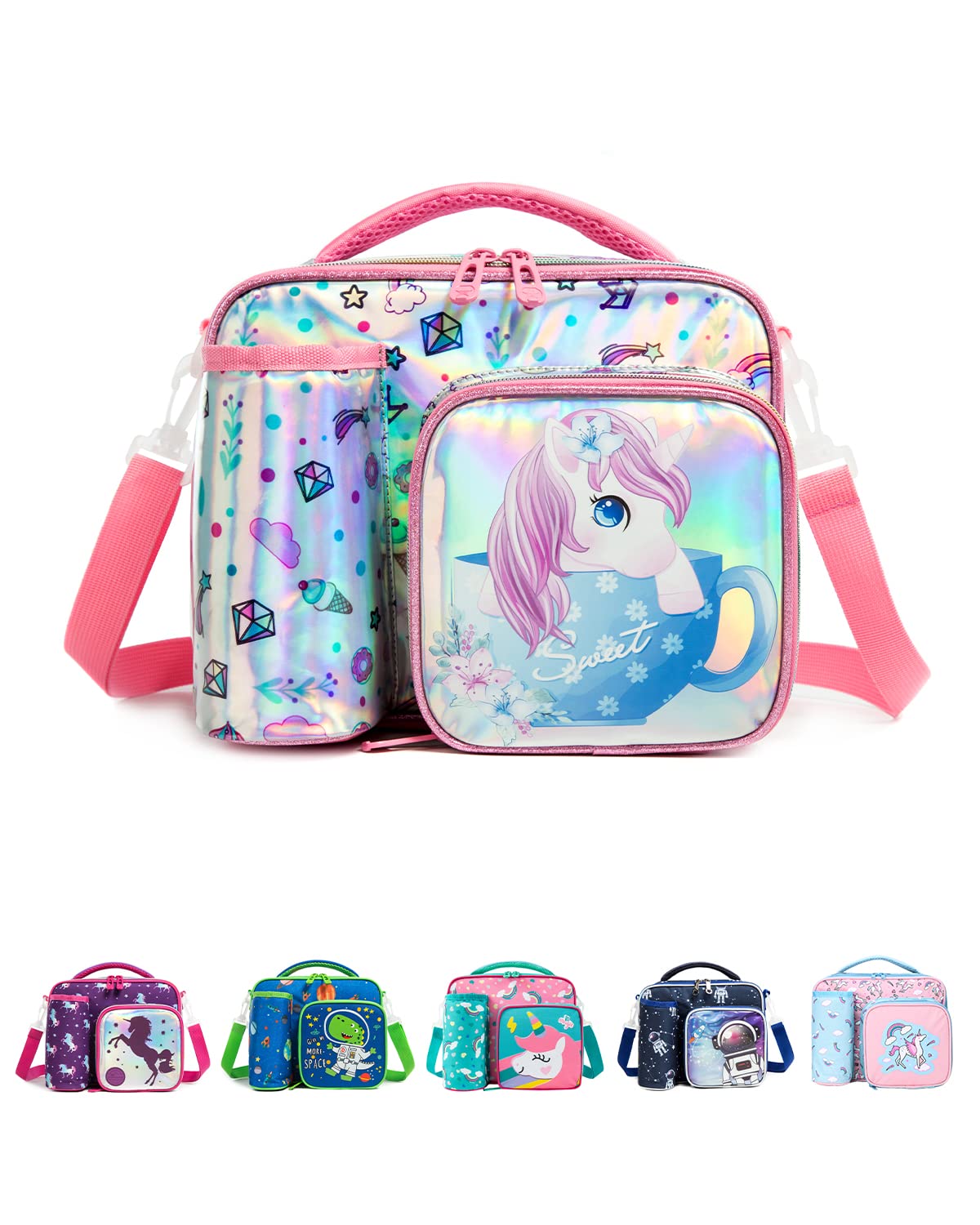 Unicorn Insulated Kids Lunch Bag with Bottle Holder - School & Travel Snacks Carrier