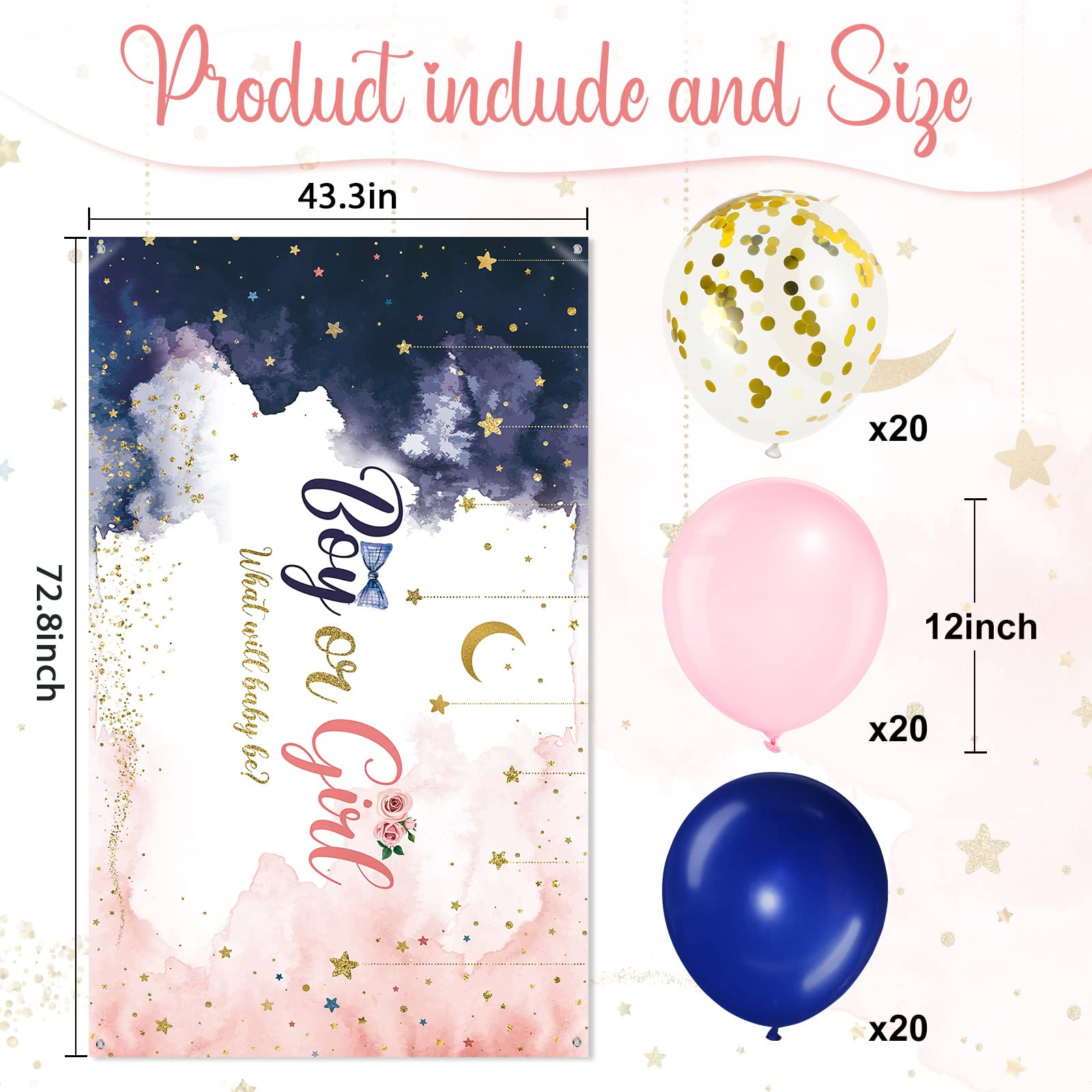 Gender Reveal Party Decorations Kit - Navy Blue & Blush Pink Balloons, Photography Backdrop Banner for Baby Shower - Boy or Girl Theme Party Supplies | Perfect for Baby Showers, Gender Reveals & Photo Sessions
