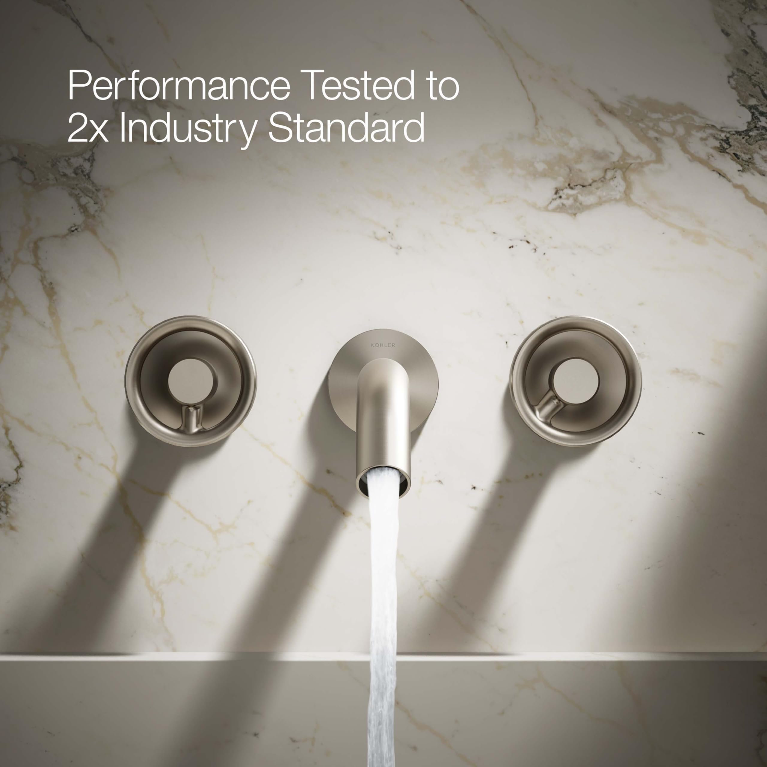 KOHLER Wall-Mount Bathroom Sink Faucet with Industrial Handles - Modern Waterfall Spout for Powder Room, Guest Bath & Small Space Installation