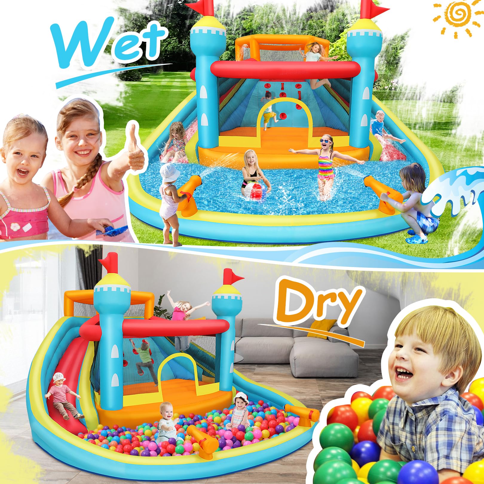 Inflatable Water Slide Bounce House for Kids - 14.1x13.8x7.5FT Double Lane Mega Waterpark with Climbing Wall, Water Cannons & Splash Pool - Outdoor Backyard Party, Summer Fun, Birthday Gifts - Includes Storage Bag & 520W Blower