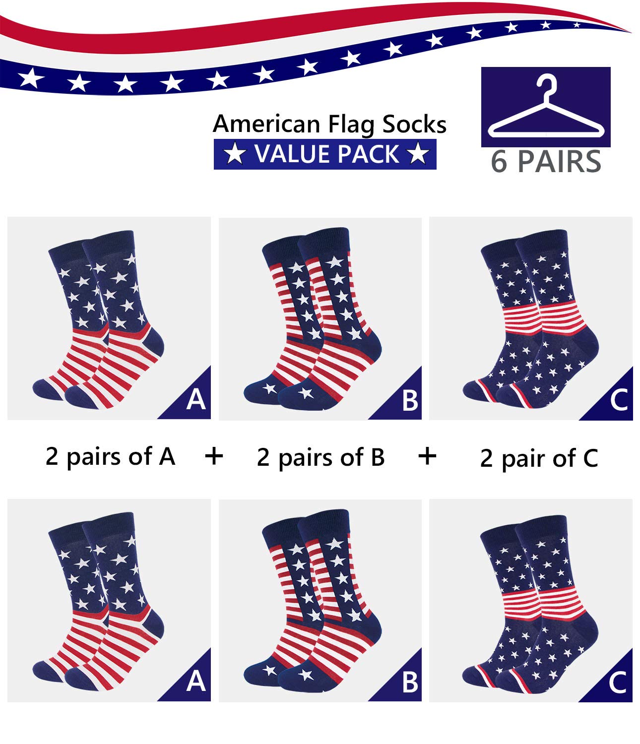 Patriotic American Flag Socks for Men - Red White & Blue Stars & Stripes Design - Comfortable Novelty Crew Socks for 4th of July, Veterans Day & Patriotic Events