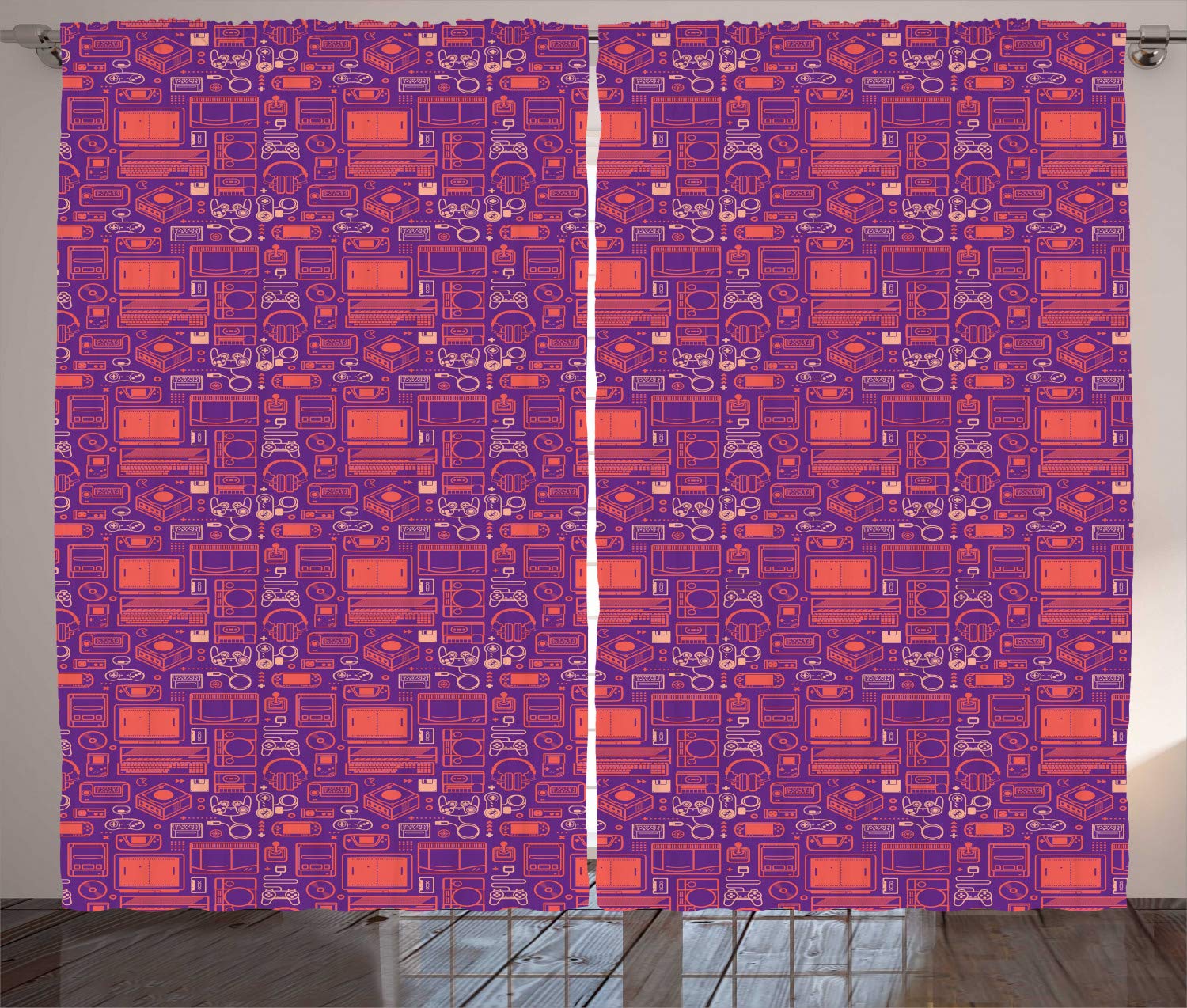 Ambesonne Gaming Curtains - Vintage Video Game Console Design, 2 Panel Set for Living Room & Bedroom, 108