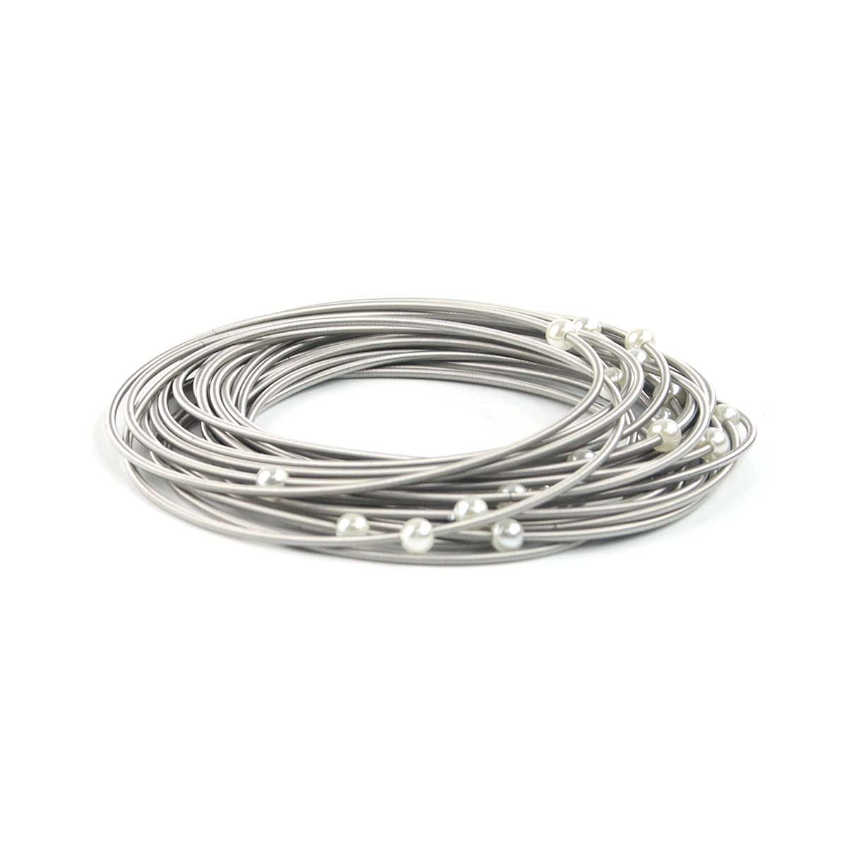 40 Pack Stainless Steel Guitar String Coil Bracelets - 4mm White Pearl Layered Stackable Bangles for Women, Flexible Adjustable Wristbands for Music Lovers, Boho Fashion Jewelry Gift for Concerts & Festivals