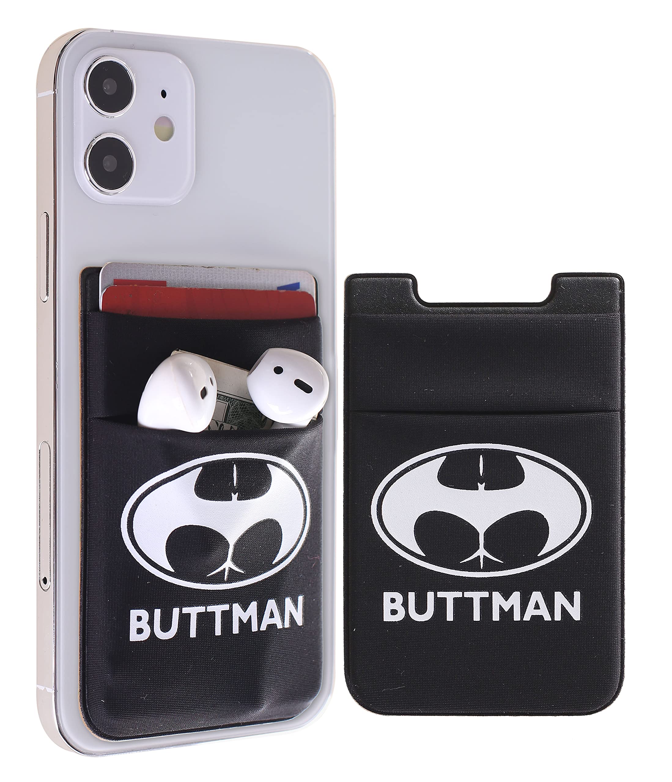 Stretchy Fabric Phone Wallet for iPhone - Stick-On Card Holder for Women, Cute & Funny Design (Black - Buttman) - Perfect for Hands-Free Shopping, Travel & Everyday Use