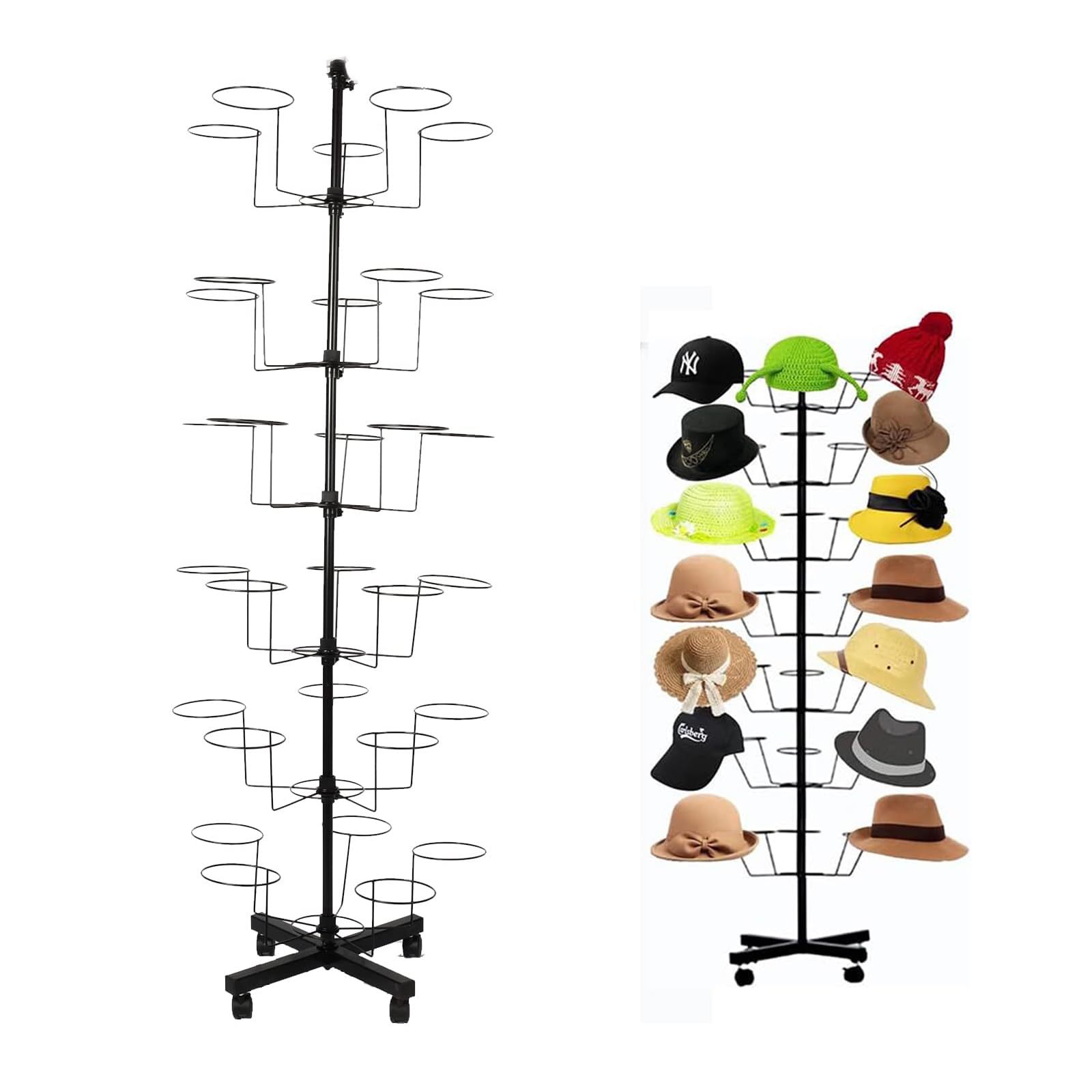 6-Tier Metal Hat Rack Stand with 30 Hooks - Freestanding Rotating Display for Hats, Wigs & Accessories | Modern Retail Store & Home Closet Organization Solution