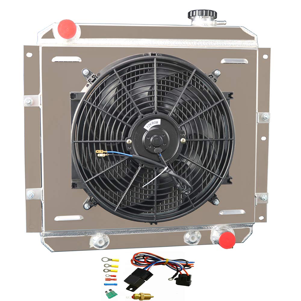 AlloyWorks 3-Row Core Aluminum Radiator with Shroud Fan & Relay Kit for 1958-1984 Toyota Land Cruiser FJ40 FJ45 3.9L/4.2L Gas Engine - High-Performance Cooling Upgrade for Off-Road & Classic Car Restoration