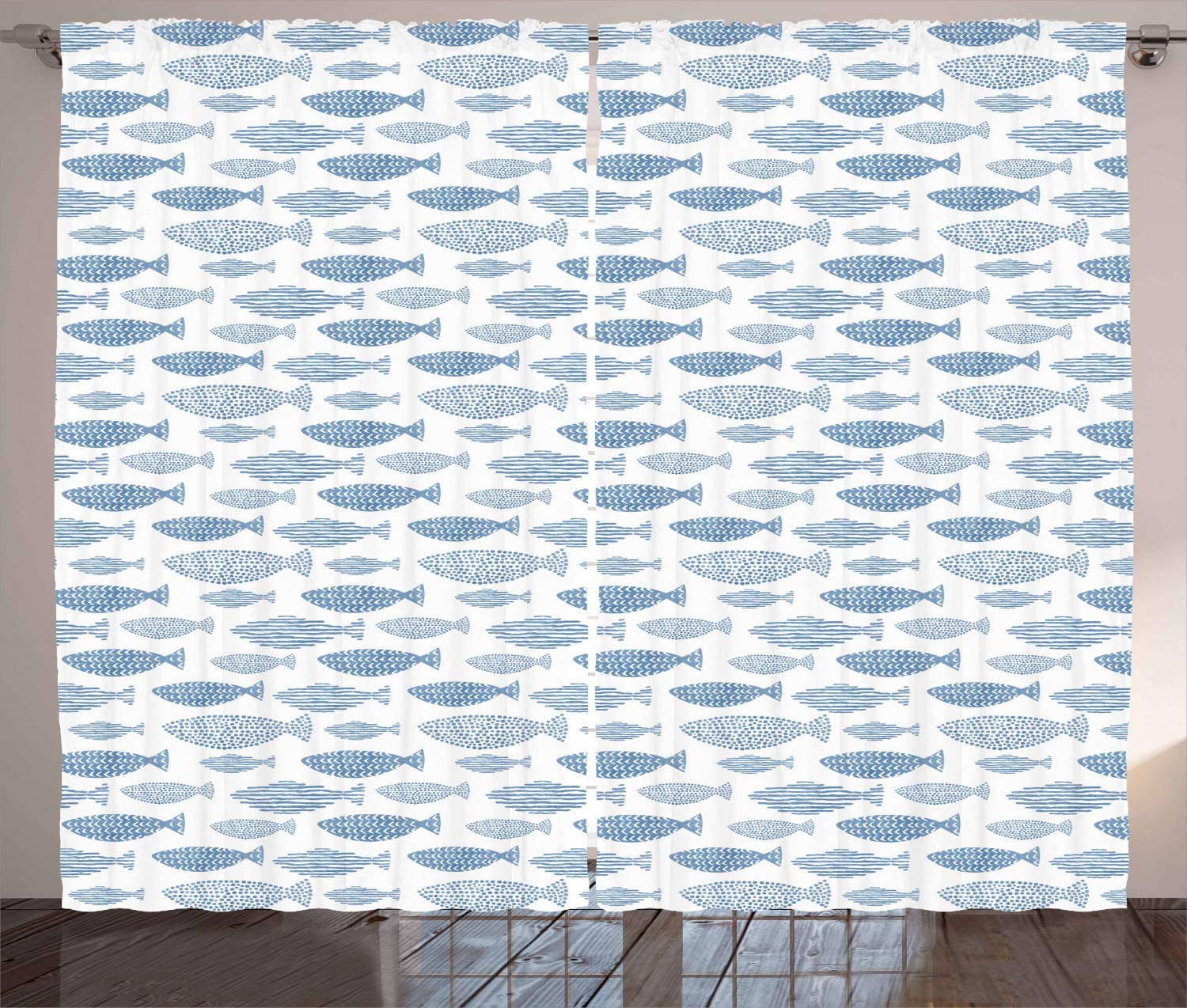 Ambesonne Fish Curtains - Abstract Watercolor Effect Fish Pattern with Dots & Stripes, 2 Panel Window Drapes 108