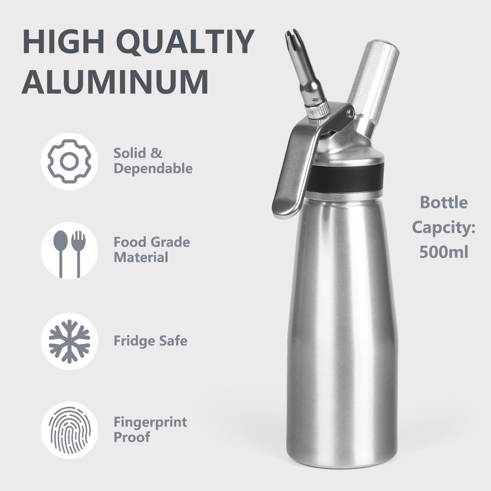 Premium Aluminum Whipped Cream Dispenser - 1 Pint (500ml) Professional Cream Whipper with 6 Decorating Nozzles & Cleaning Brush - Perfect for Desserts, Coffee, Cocktails & Home Baking