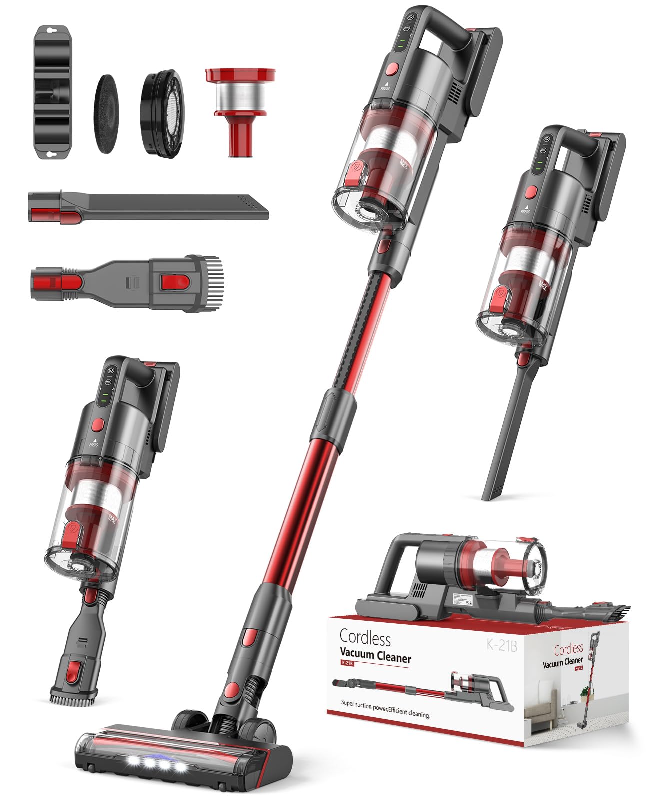 Fykee Cordless Vacuum Cleaner - 85,000PRM Brushless Motor, 2000mAh Battery, 2 Adjustable Suction Levels, 35 Min Runtime - Powerful Wireless Handheld Vacuum for Home, Car, Pet Hair Cleaning (Dark Red)