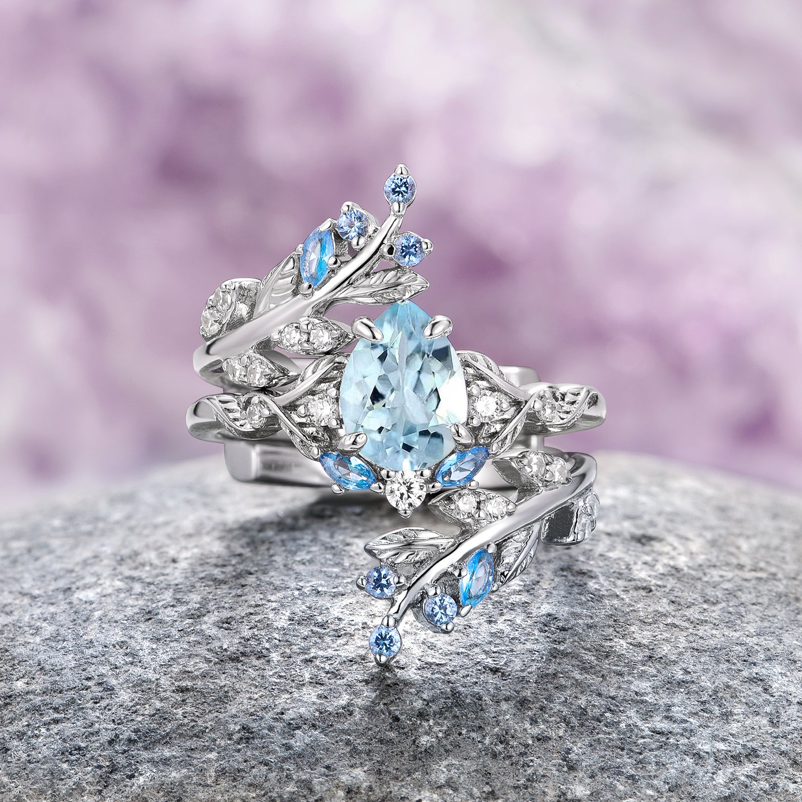 Wisteria Aquamarine Fairy Leaf Ring Set - Sterling Silver Jewelry for Women, Elegant Nature-Inspired Rings for Wedding, Party & Everyday Wear