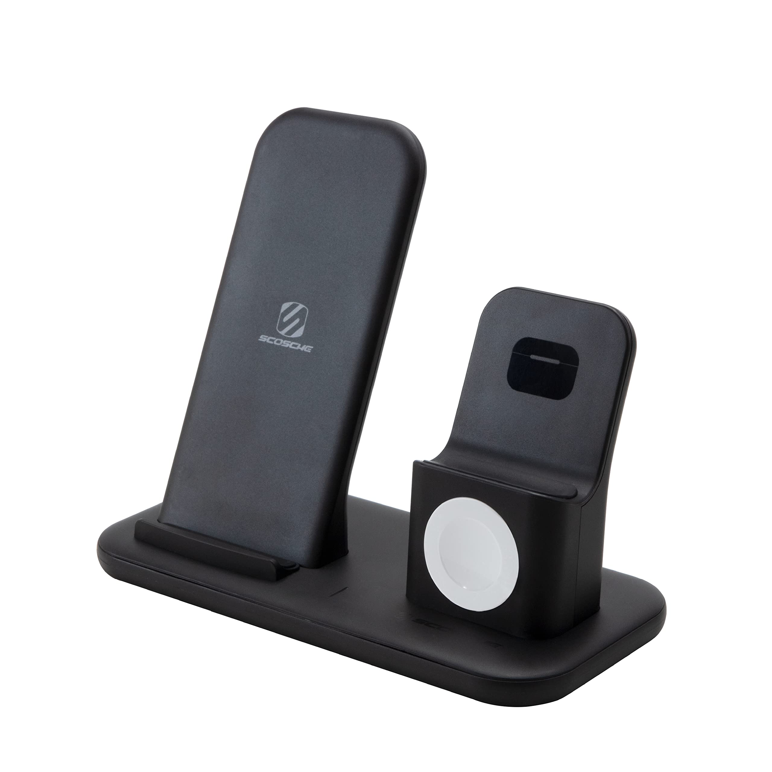 Scosche CSQ3N1-SP Qi-Certified Wireless Charging Dock - Compatible with iPhone, Samsung, AirPods & Smartwatches - Fast Wireless Charger for Home, Office & Car - Black