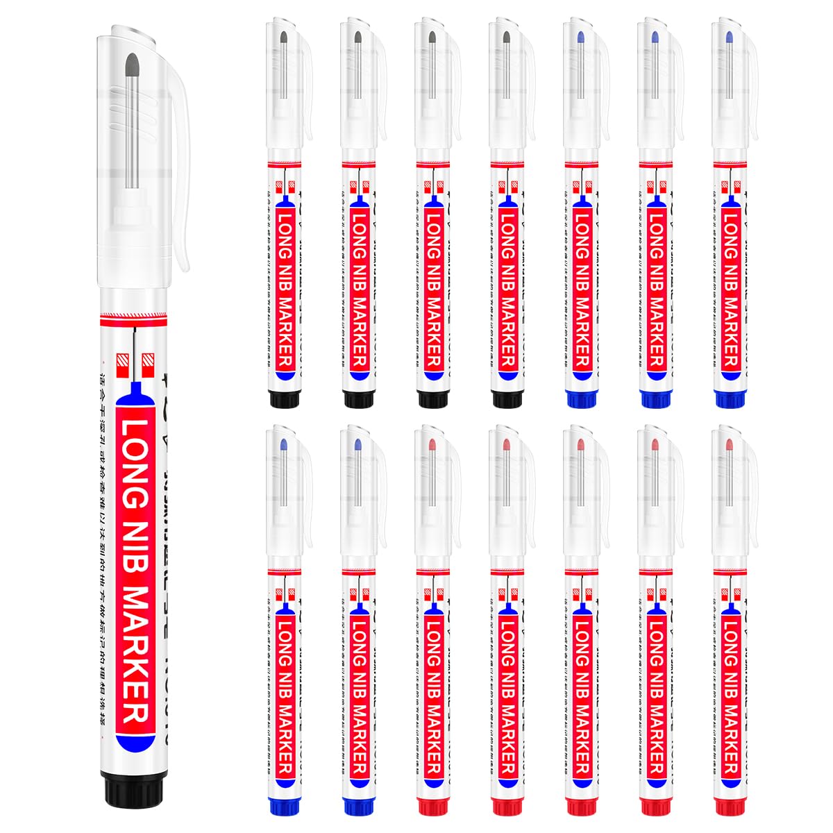 Yuntop 15-Piece Long Nose Marker Set - Multi-Purpose Waterproof Deep Hole Markers for Carpentry, Construction & Woodworking (Red, Black, Blue) - Ideal for Hardware Marking, DIY Projects & Home Decoration