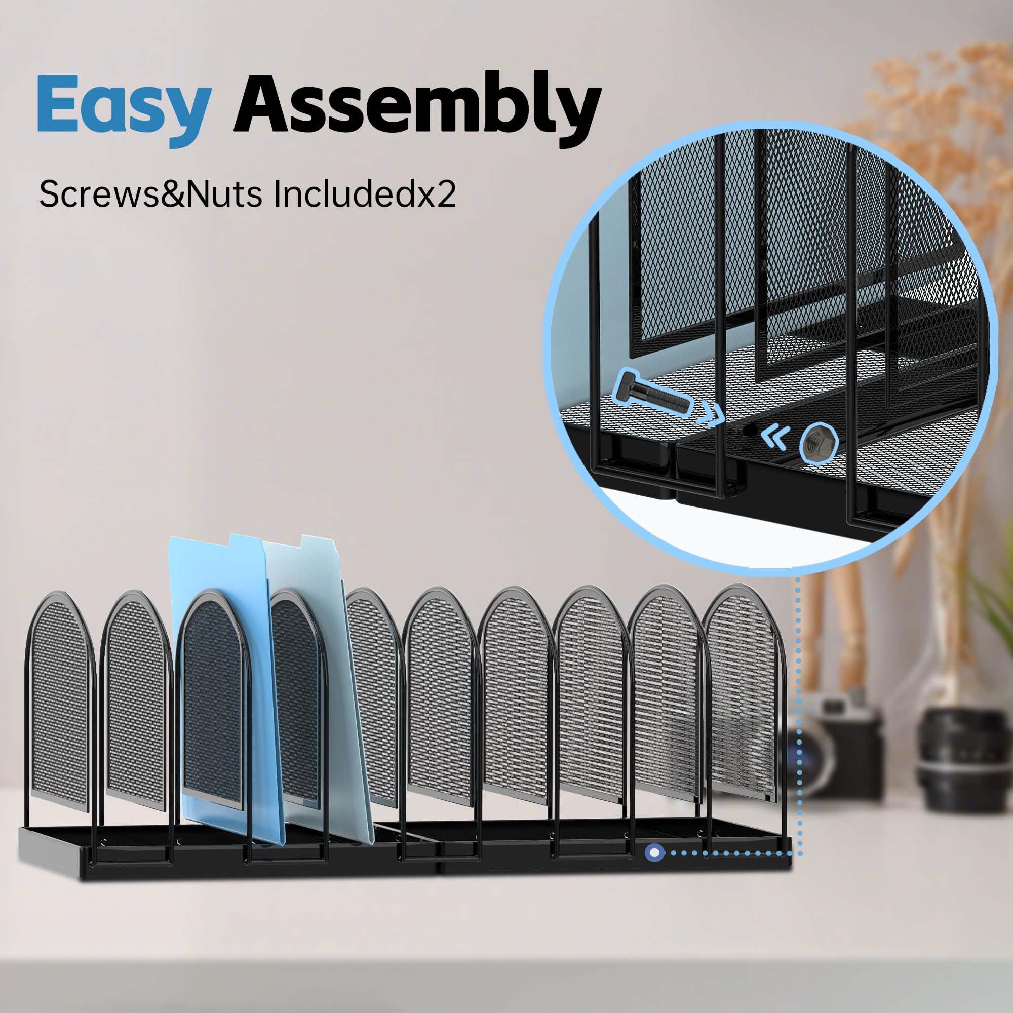 SUPEASY 9-Section Mesh File Organizer for Desk - Upright Document Holder, Office File Sorter & Desk Organizer for Home, School, Office - Perfect for Bills, Papers, Folders & Mail Organization (Black)