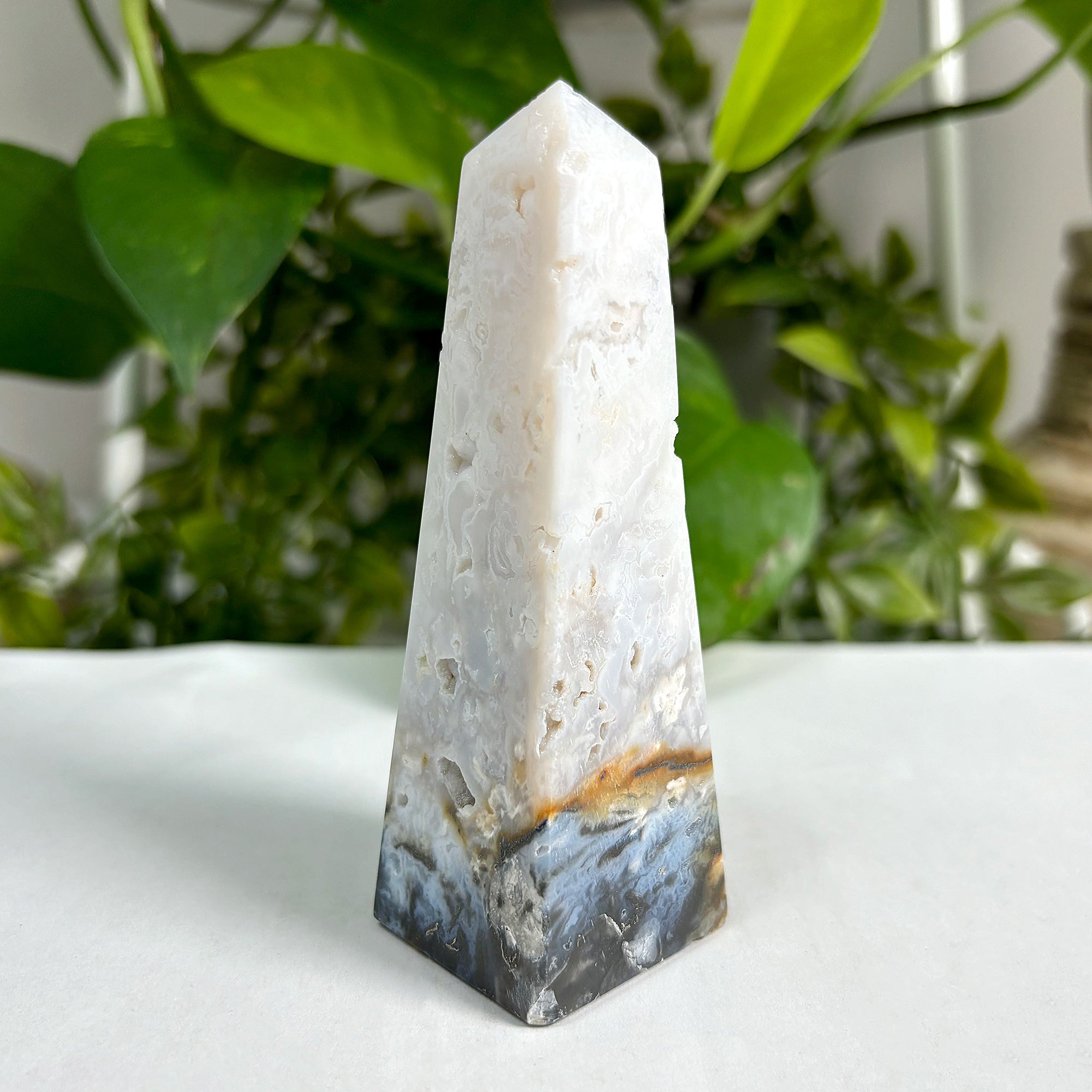 Natural Plume Agate Obelisk Tower Point with Unique Patterns & Earth Tones - Home Office Decor, Crystal Collection, Feng Shui Display, Meditation & Healing Stone Gift