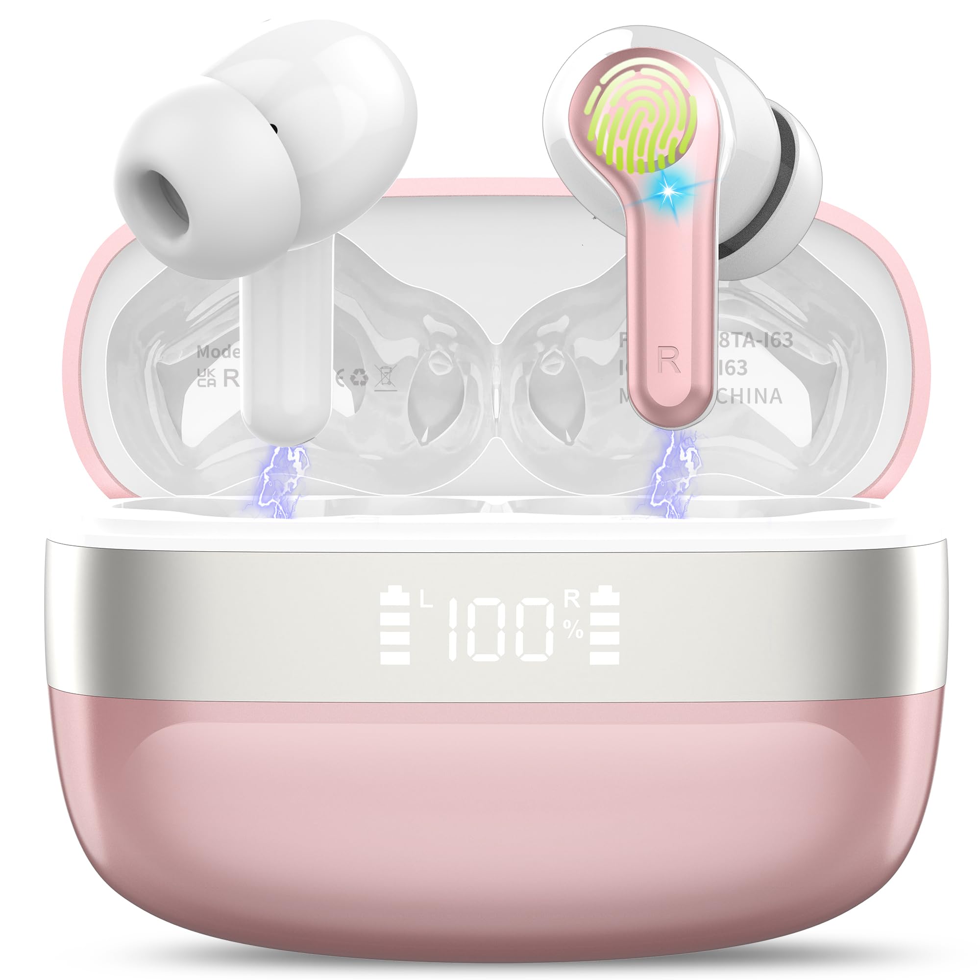 Wireless Earbuds Bluetooth 5.3 with HiFi Stereo Deep Bass, Noise Cancelling Headphones with 4 ENC Mic, 50H Playtime & Dual LED Display - Perfect for Gym, Running, Travel & Work (Rose Gold)