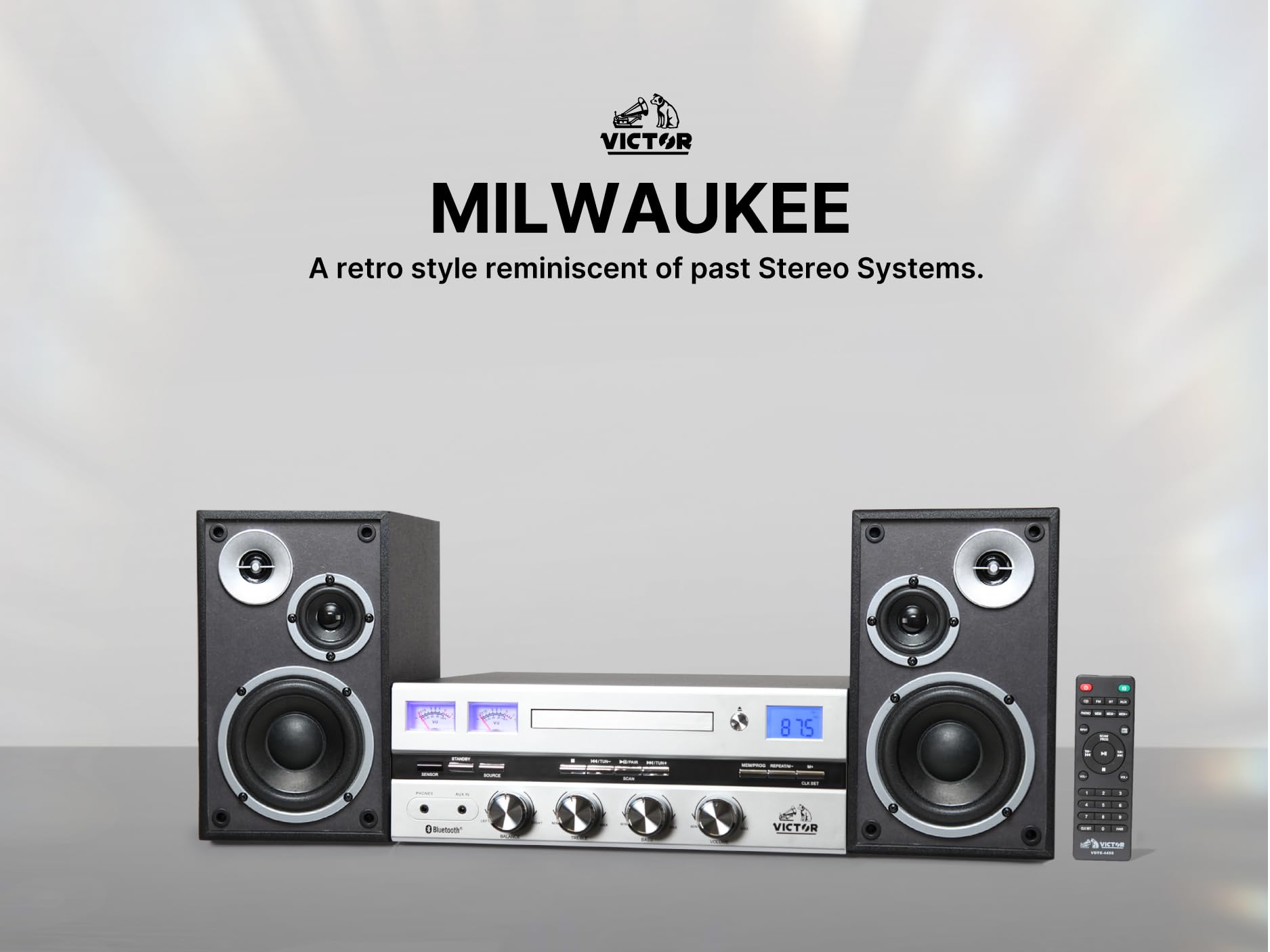 Victor VDTS-4400 Milwaukee 50W Bluetooth Stereo System with CD/MP3 Player, FM Radio, VU Meters & Detachable Speakers - Home Office Audio System for Music Lovers & Workspace Entertainment