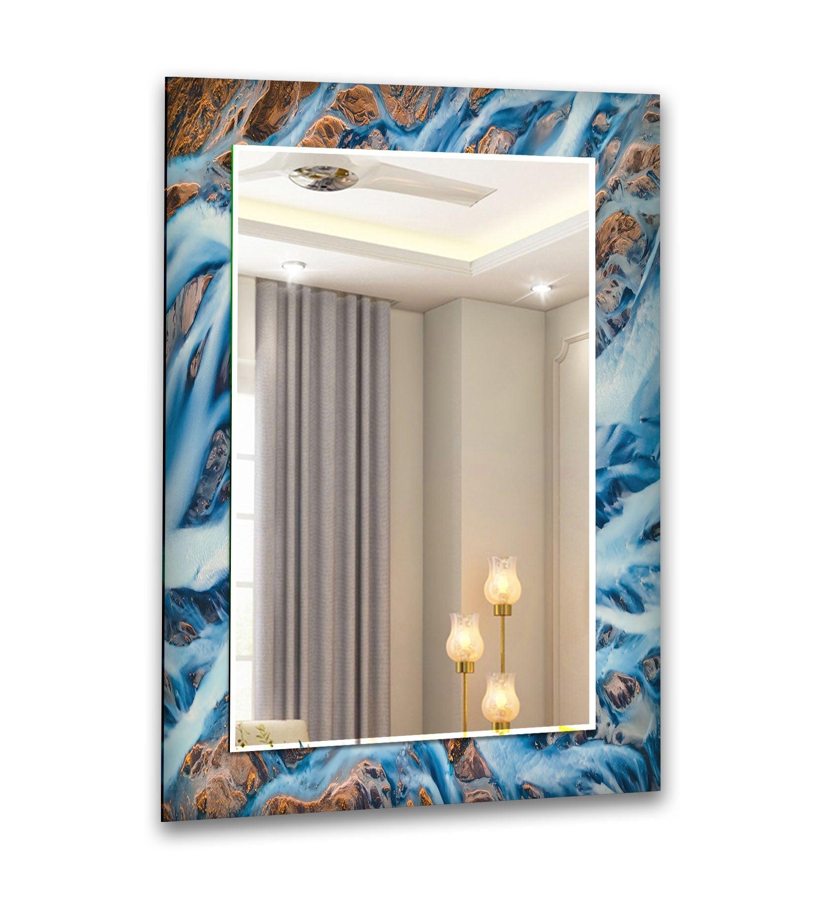 Abstract Blue and Brown Rocks Wall Mirror - Modern Decorative Mirror for Living Room, Bedroom, or Entryway - Perfect for Home Decor and Interior Design