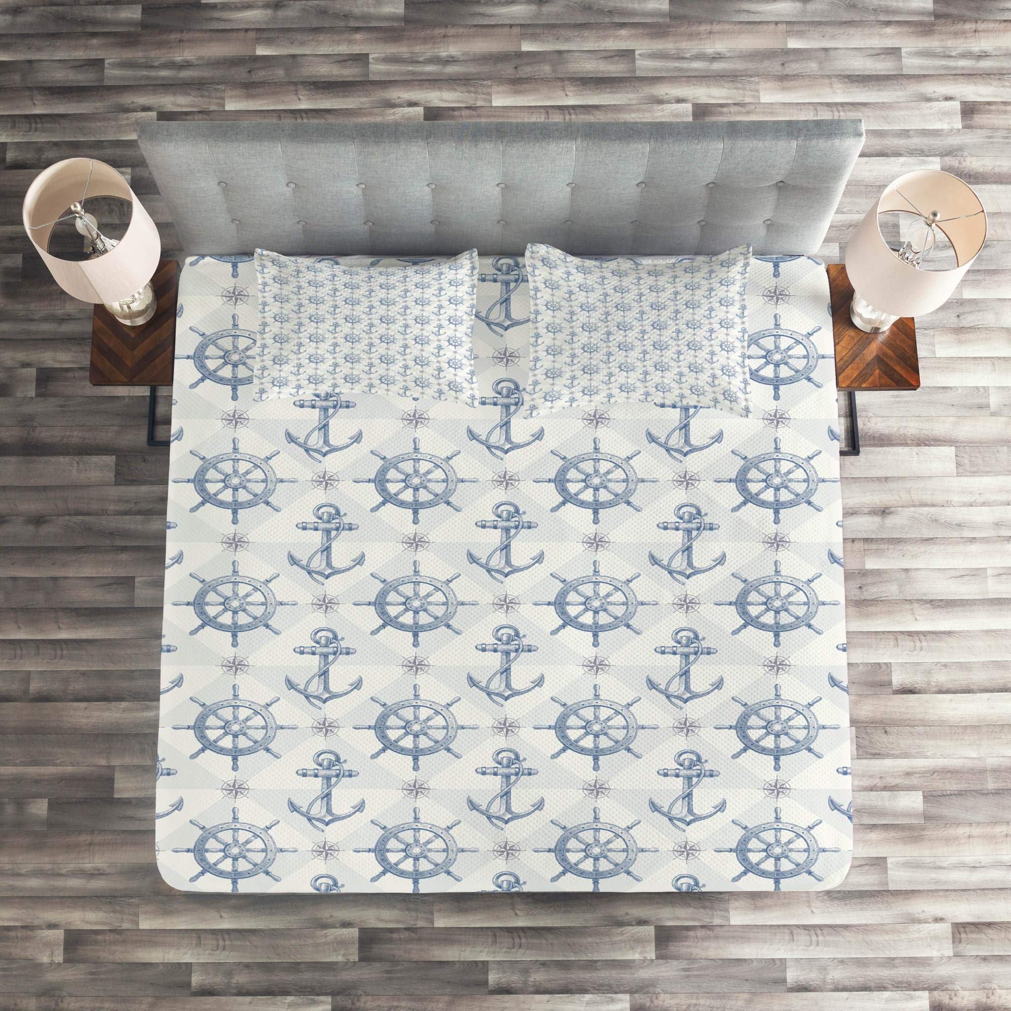 Lunarable Nautical Quilt Set - Hand Drawn Compass Anchor & Ship Wheel Design, 3-Piece Blue Pale Grey Bedspread with 2 Pillow Shams, Queen Size | Coastal Bedroom Decor, Beach House Bedding, Marine Theme Home Accessories
