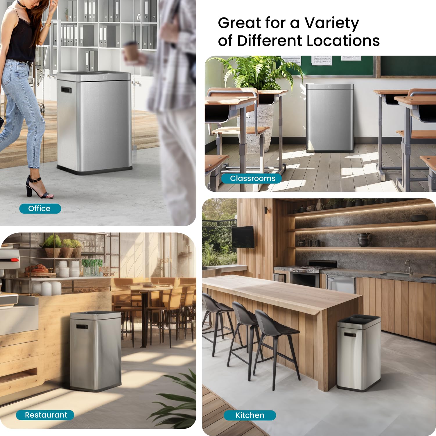 13 Gallon Stainless Steel Kitchen Trash Can with Dual Removable Liners - Open Top No Lid Design for Waste & Recycling - Perfect for Home, Office & Restaurant Use