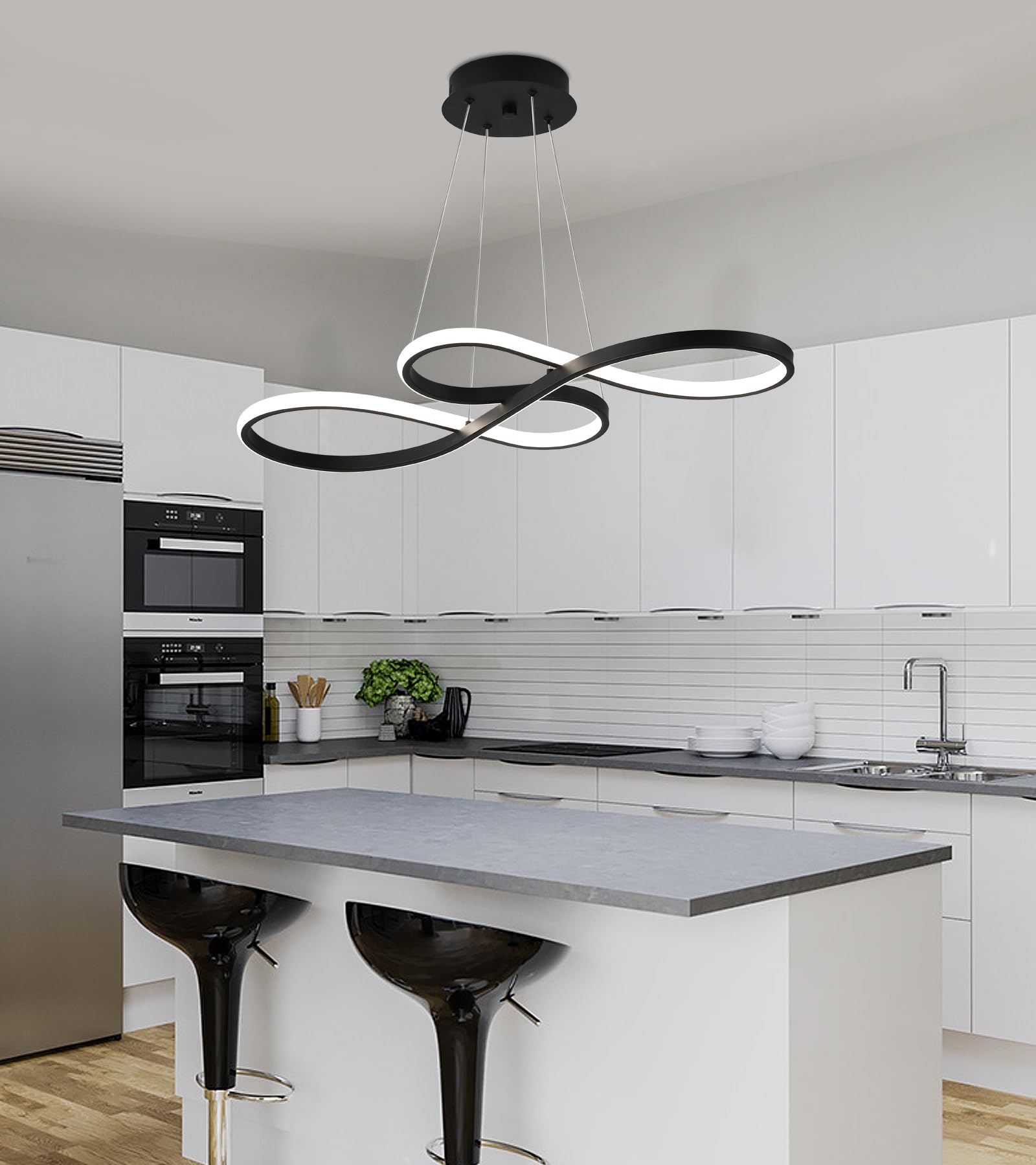 Q&S Modern Black LED Chandelier with Remote Control - Dimmable Dining Room Light Fixture for Living Room, Bar, Game Room, Restaurant, Hotel & Office - Perfect for Romantic Dinners, Entertainment Spaces & Professional Settings (30-inch)