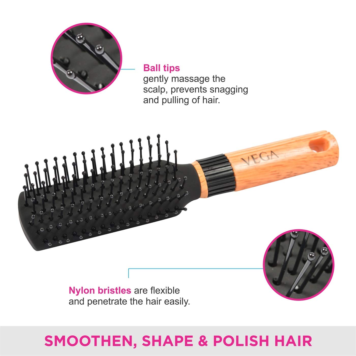 Vega Mini Flat Brush with Wooden Handle & Black Bristles - Vega Graduated Dressing Comb 9 Inch Black - Perfect for Hair Styling, Detangling & Salon Use