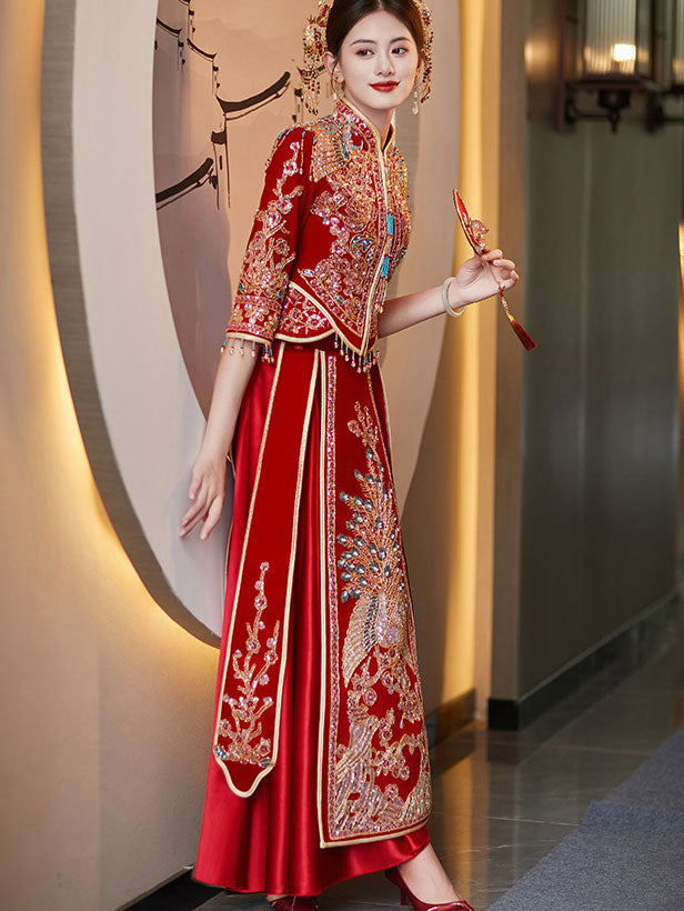 Elegant Red Sequins Beaded Phoenix Velvet Chinese Wedding Dress - Traditional Qun Kwa Xiuhe Bride Gown for Ceremonies, Photos & Cultural Events