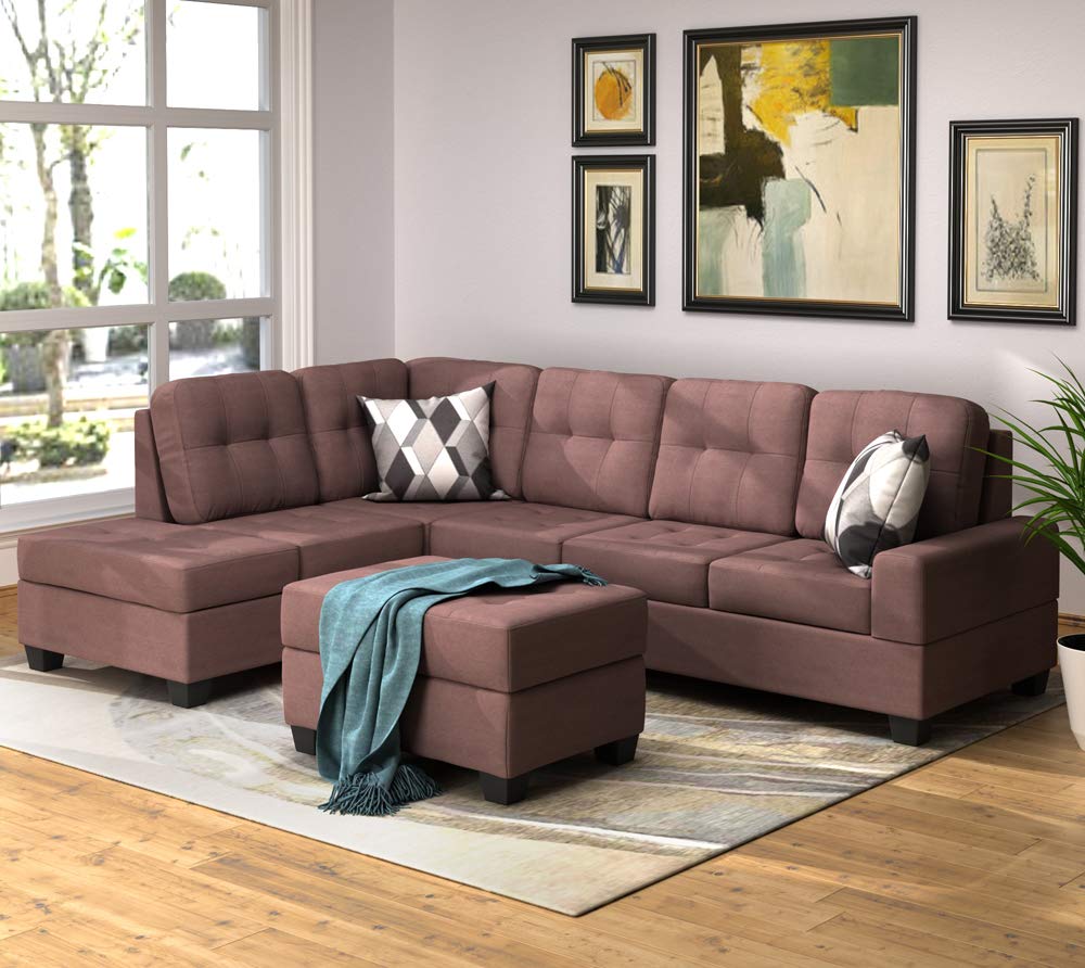 3 Piece Sectional Sofa with Reversible Chaise, Storage Ottoman & Cup Holders - Soft Microfiber Fabric for Living Room, Family Room & Home Theater Comfort