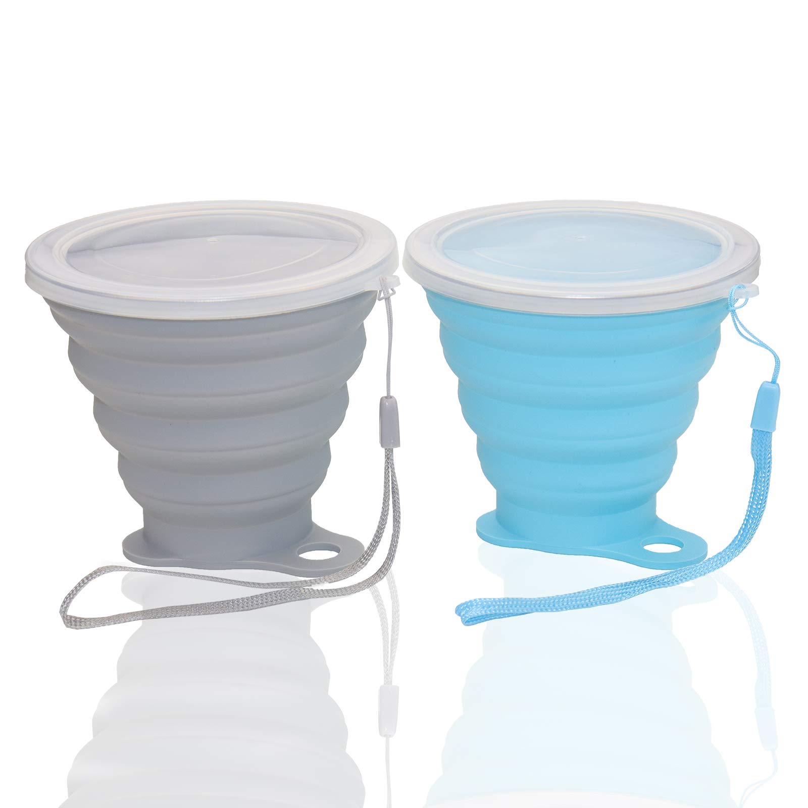 Collapsible Silicone Travel Cup with Lid - Reusable 270ml Portable Drinking Cup for Camping, Hiking & Outdoor Activities - BPA-Free, Space-Saving Design (Blue/Gray, 2 Pack) - Perfect for Backpacking, Picnics & Emergency Kits