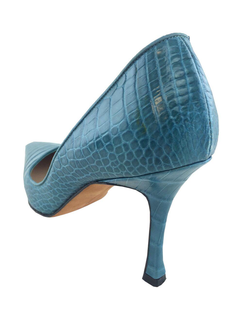 Manolo Blahnik BB Crocodile Leather Pumps Women's Size 7 (IT37) - Elegant Pointed Toe Heels for Weddings & Evening Events