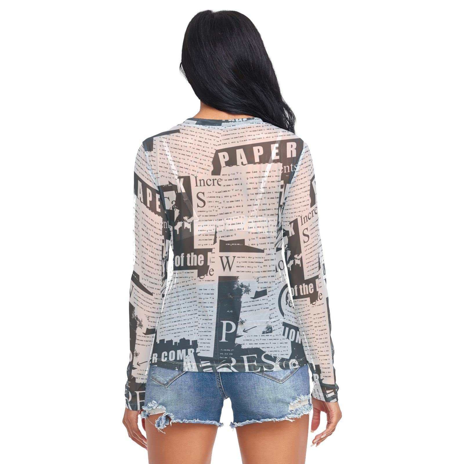 Women's Long Sleeve Sheer Mesh Top - Sexy See-Through Blouse in Black & White Newspaper Print | Perfect for Night Out, Date Night & Party Wear