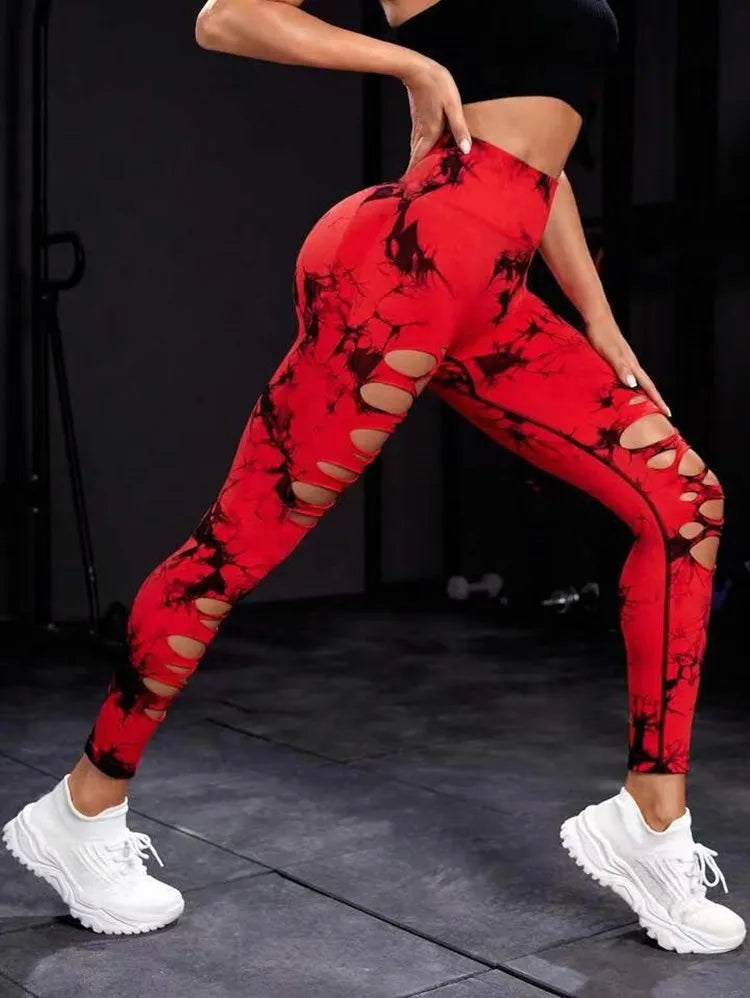 Women's Tie-Dye Hollow Out Leggings - High Waisted Push Up Gym Tights for Running, Yoga & Fitness | Sexy Sports Pants for Workout & Activewear | Red Athletic Leggings