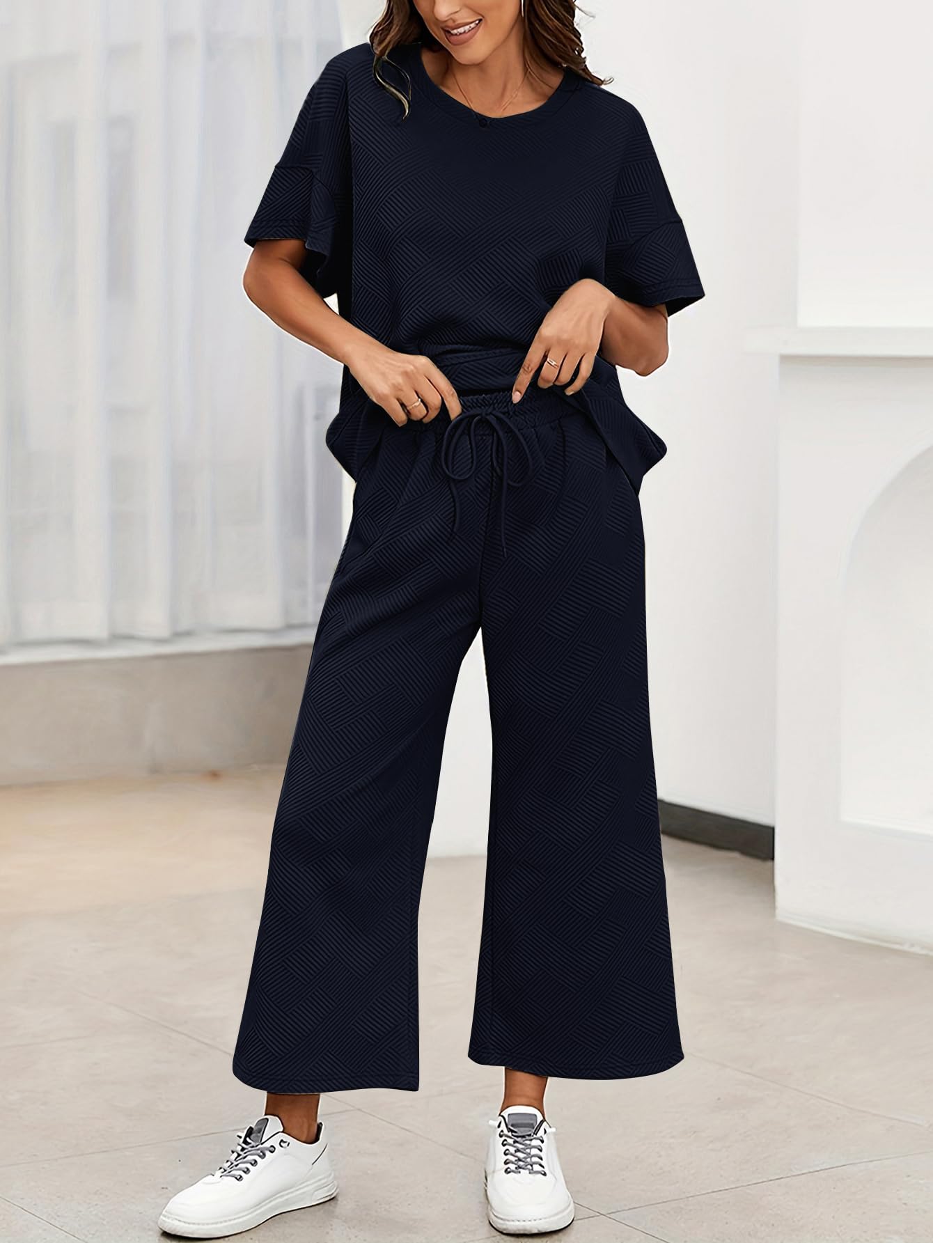 YKR Women's 2-Piece Lounge Set - Soft Knit Short Sleeve Pullover Top & Wide Leg Pants | Summer Comfort Outfit 2024 | Perfect for Home Relaxation, Yoga & Casual Wear