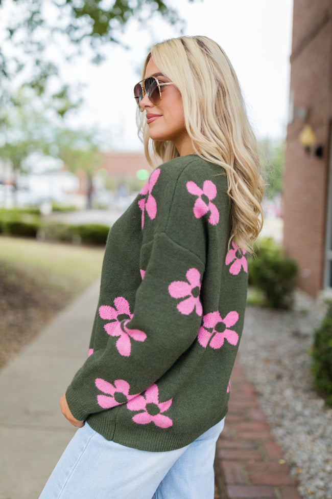 Olive & Pink Floral V-Neck Sweater for Women | Cozy Knit Pullover | Perfect for Fall & Winter Layering | Casual Outfits & Date Nights