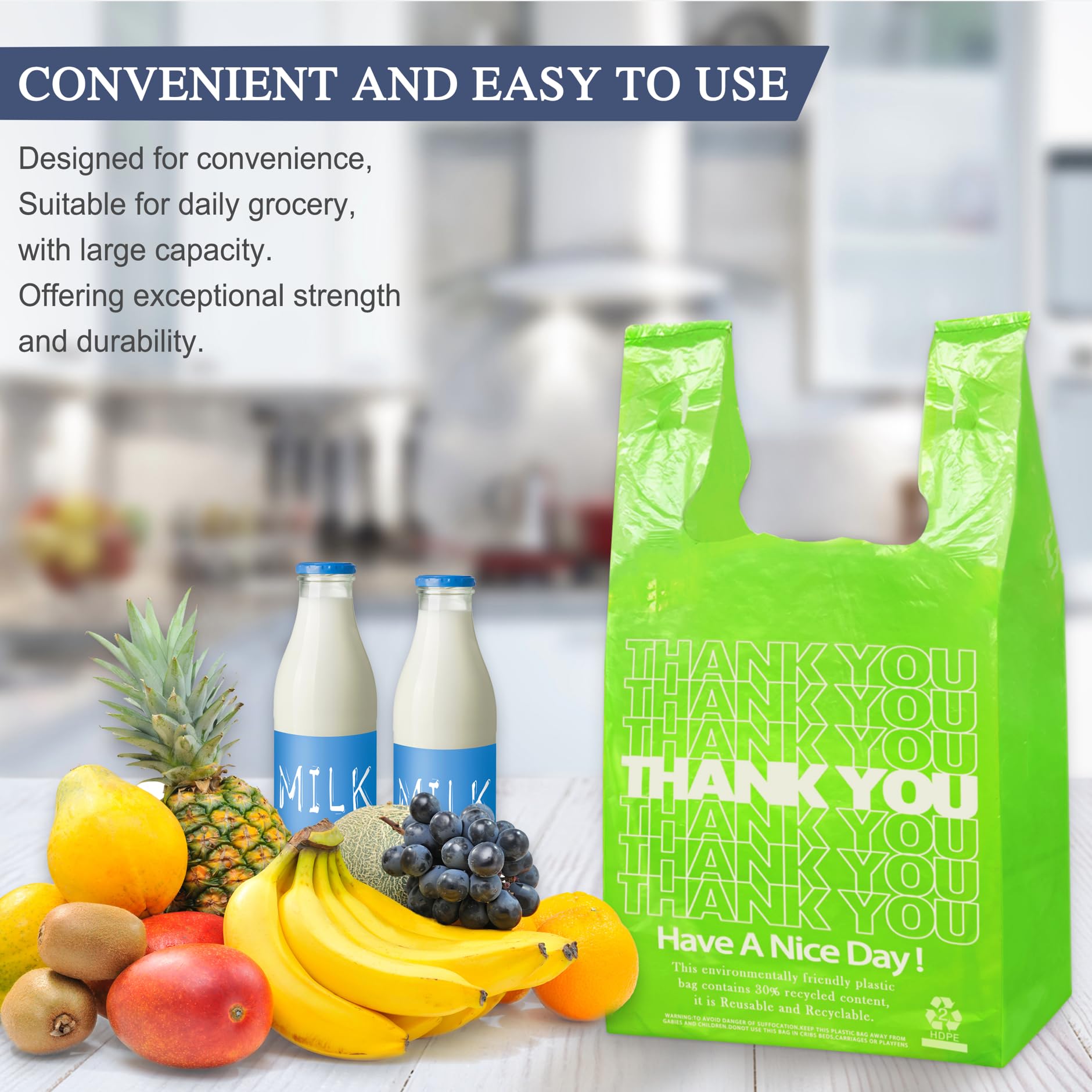 1000PCS Eco-Friendly Green Thank You Bags | Reusable & Disposable T-Shirt Bags for Grocery, Takeout & Retail | Perfect for Small Businesses, Restaurants & Stores | Bulk Pack of Durable Plastic Shopping Bags for Everyday Use