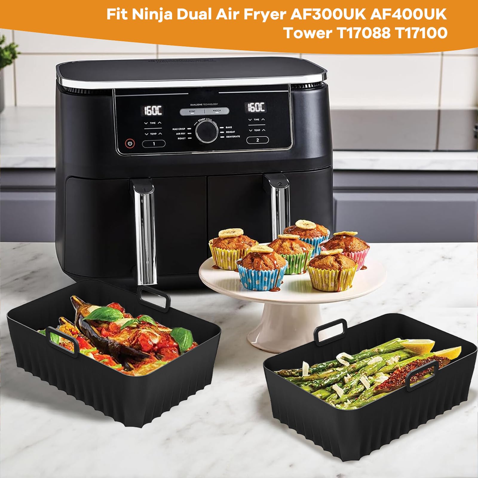 Non-Stick Silicone Air Fryer Liners for Ninja Foodi AF400UK AF451UK AF300UK - 2 Pack Reusable Air Fryer Accessories for 7.6L-9.5L Models, Compatible with Double Stack SL400UK & Tower T17088 Dual Zone Air Fryer - Perfect for Healthy Cooking & Easy Cleanup