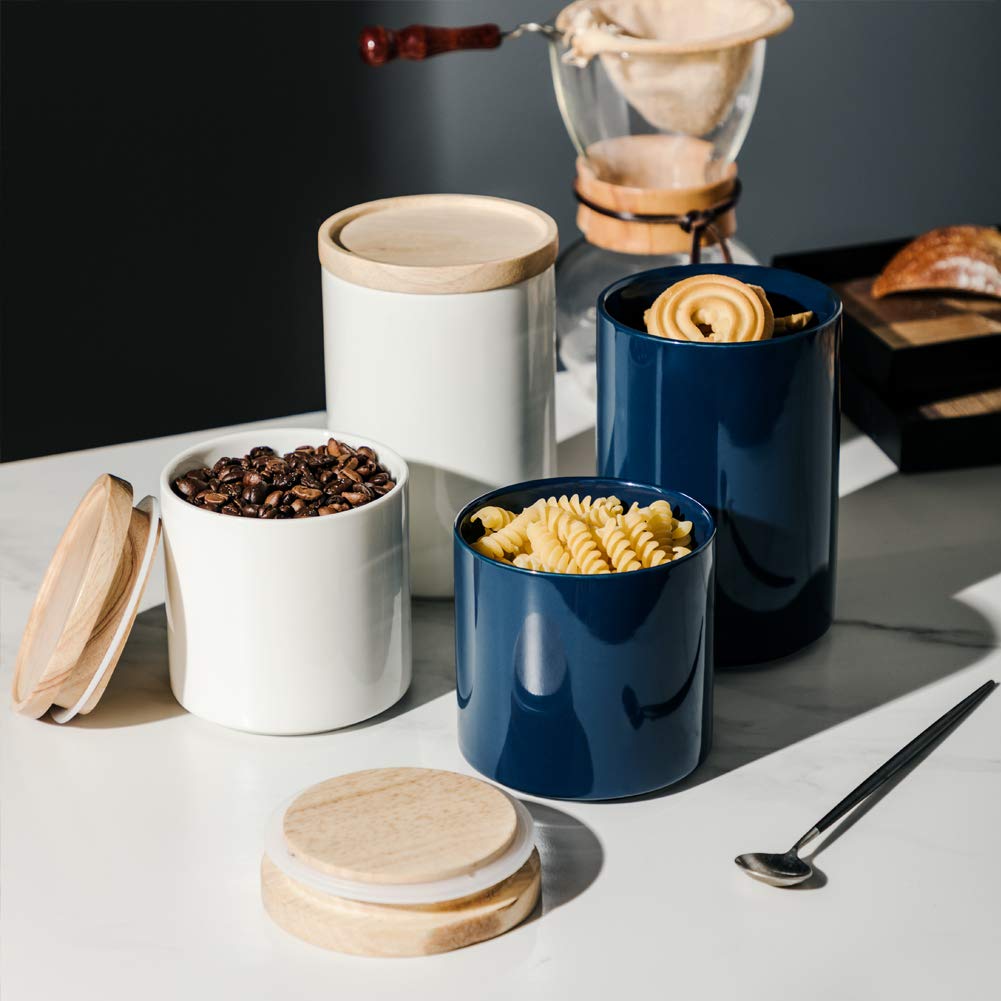 Premium Ceramic Food Storage Canisters with Airtight Wooden Lid - 28oz Stackable Kitchen Containers for Coffee, Tea, Sugar, Salt & Spices | Ideal for Pantry Organization & Countertop Display (Navy Blue)