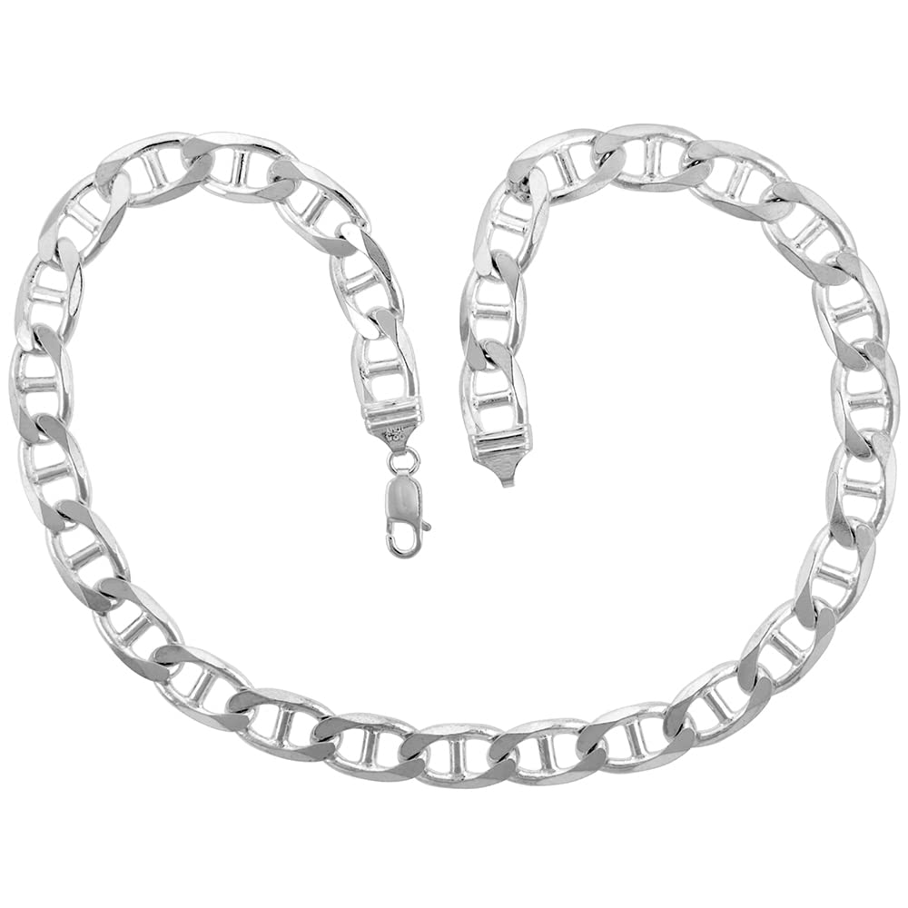 10.5mm Sterling Silver Flat Mariner Chain Necklace & Bracelet Set for Men - Adjustable 8-30 Inch - Durable 925 Silver Jewelry for Everyday Wear, Gifts & Special Occasions